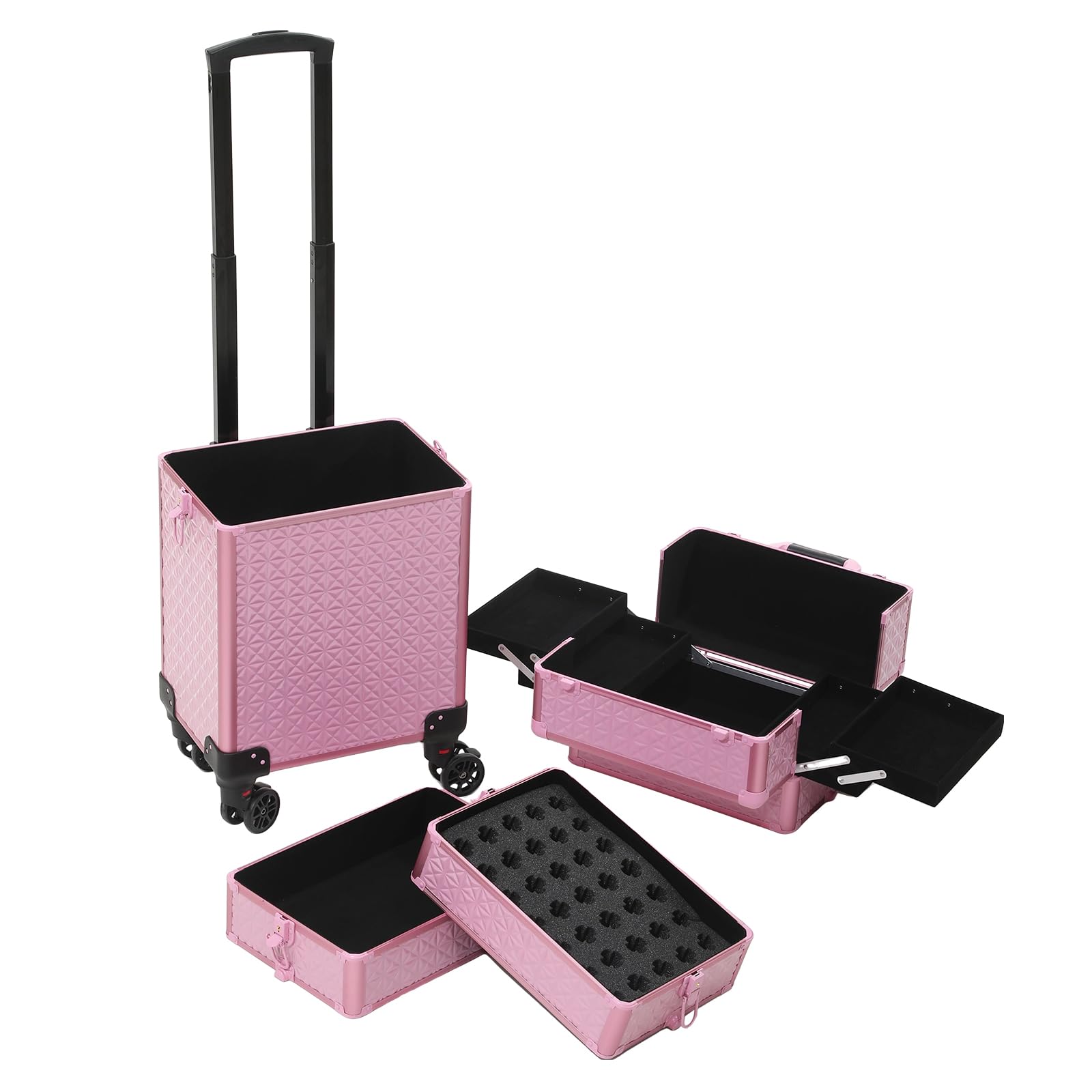 4-in-1 Rolling Train Case - Professional Portable Makeup Organizer with Trolley Cart | Cosmetic Storage & Travel Case for Makeup Artists (Pink) | Perfect for Salon, Home Use & On-the-Go Beauty Professionals