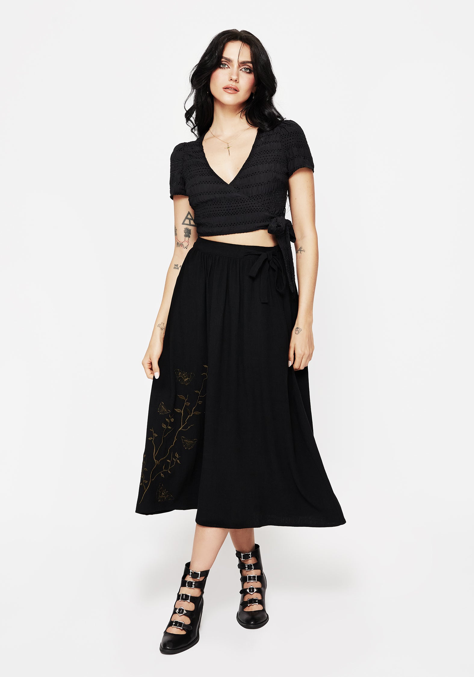 Cressida Moth Embroidered Midi Skirt | Vintage Floral Design Women's Skirt | Perfect for Boho Chic Outfits & Summer Dresses