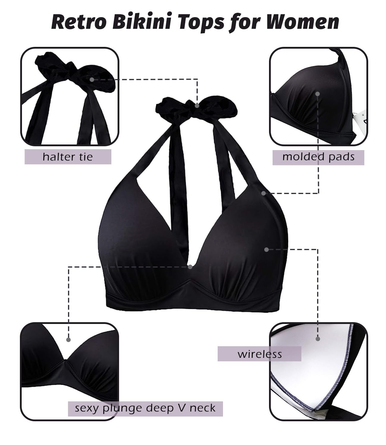 Balasami Women's Vintage 50s Halter Neck Tie Knot Back Soft Molded Padding Bikini Top Swimsuit Bathing Suit - Retro Beachwear for Pool Party & Summer Vacation