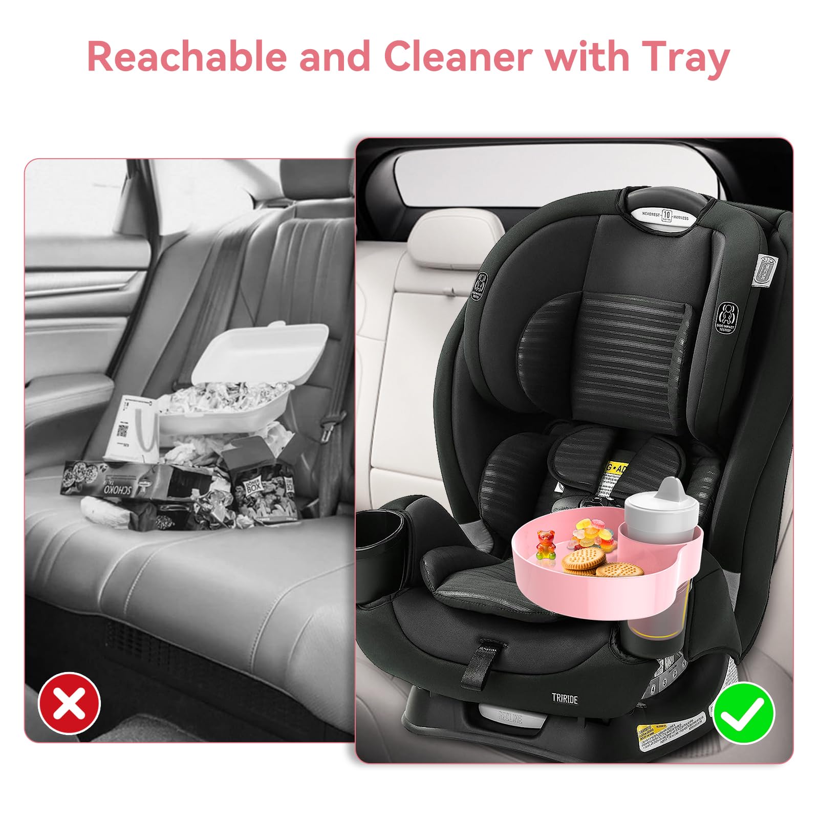 Car Seat Snack Tray for Kids - Portable Travel Food Tray with Cup Holder for Toddlers | Stroller & Car Seat Accessories | Road Trip Essentials for Children (Pink) - Perfect for Long Car Rides, Airplane Travel & Stroller Snack Time