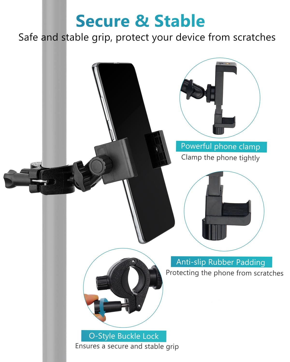 Universal Mic Stand Phone Holder - Adjustable Smartphone Mount for iPhone 15/14/13/12/11 Pro/Max/Mini, Samsung Galaxy S24/S23 Ultra, Google Pixel 8/7 - Perfect for Live Streaming, Music Recording & Instrument Practice (Microphone Stand, Music Stand, Guitar & Drums Accessory)