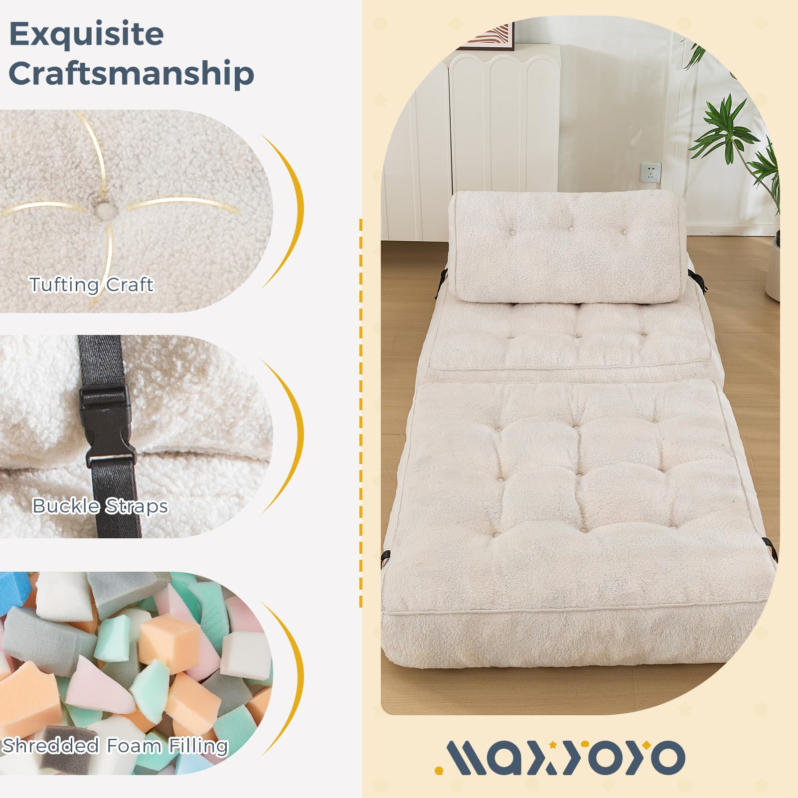 MAXYOYO Fuzzy Sofa Bed - Convertible Sleeper Chair with Pillow in Beige | Comfortable Foldable Futon for Small Spaces, Guest Room & Apartment Living