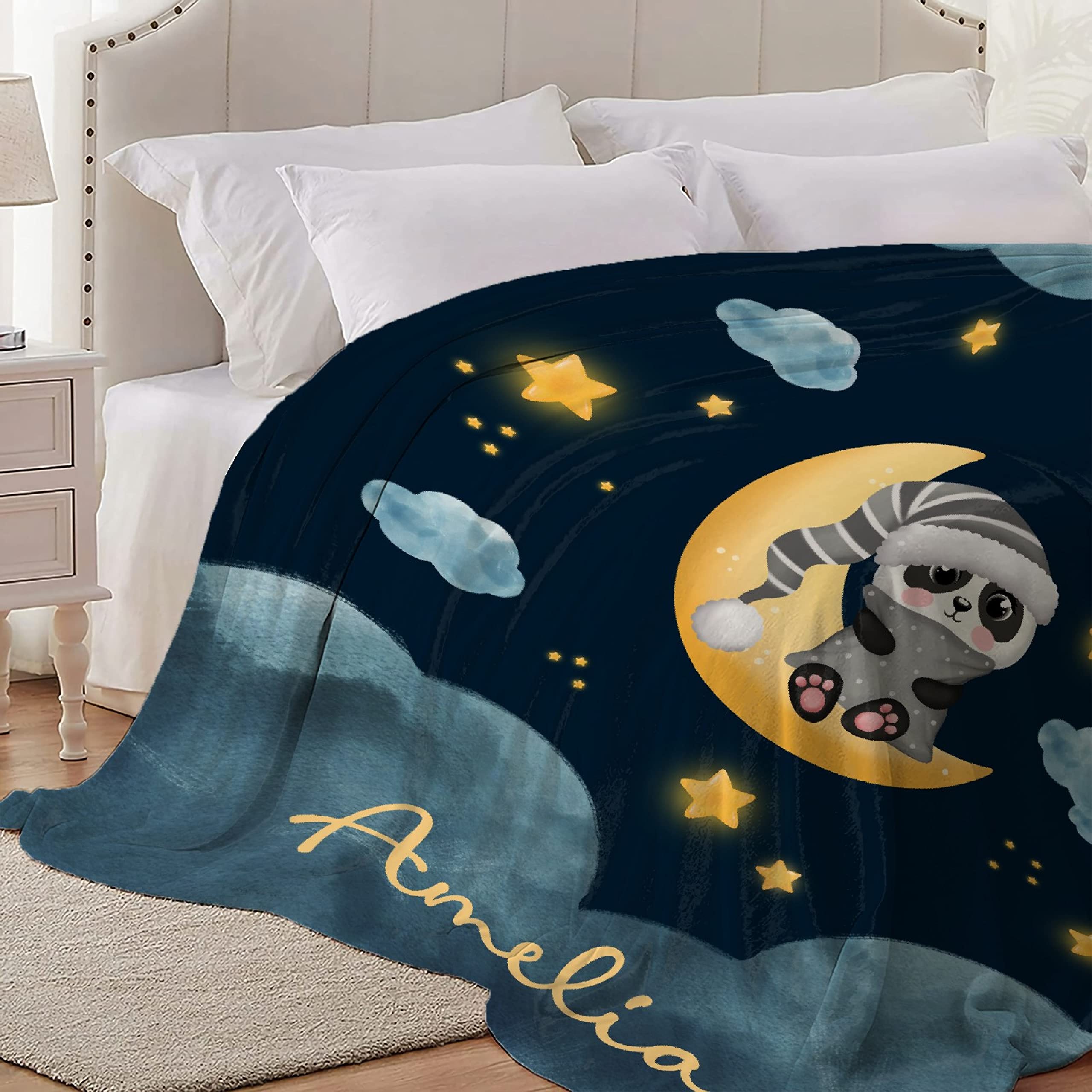 Custom Moon Panda Baby Blanket with Name - Personalized Throw Blanket for Boys & Kids - Extra Large 120x90 Inch - Perfect for Birthday Gifts, Nursery Decor & Family Cuddles