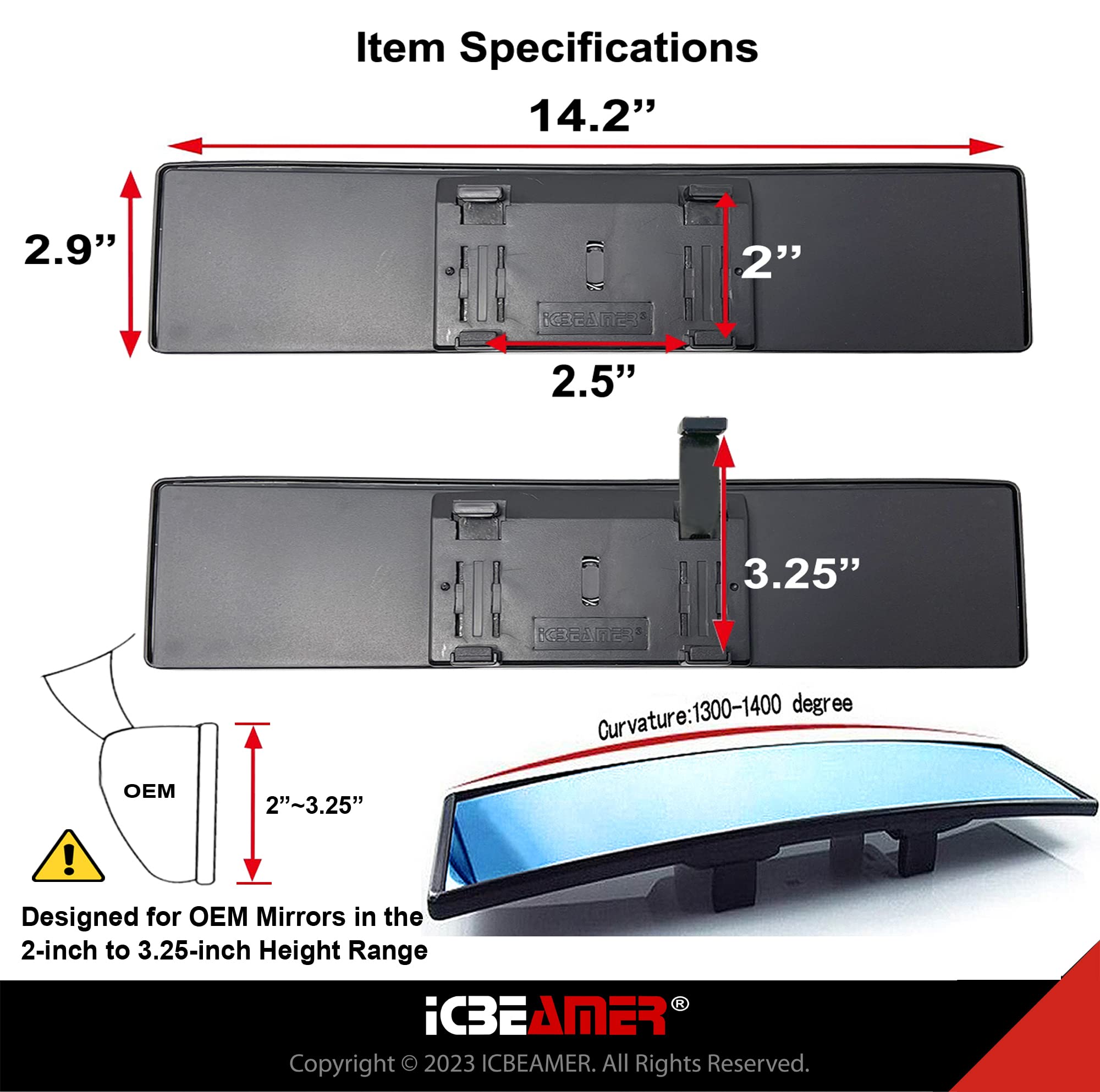 ICBEAMER 14.2 Inch Universal Car Rearview Mirror - HD Blue Tint Panoramic Wide Angle Convex Mirror with Anti-Glare - Interior Clip-On Design for Trucks, Cars & SUVs (Pack of 1) - Perfect for Safer Lane Changes and Blind Spot Visibility While Driving