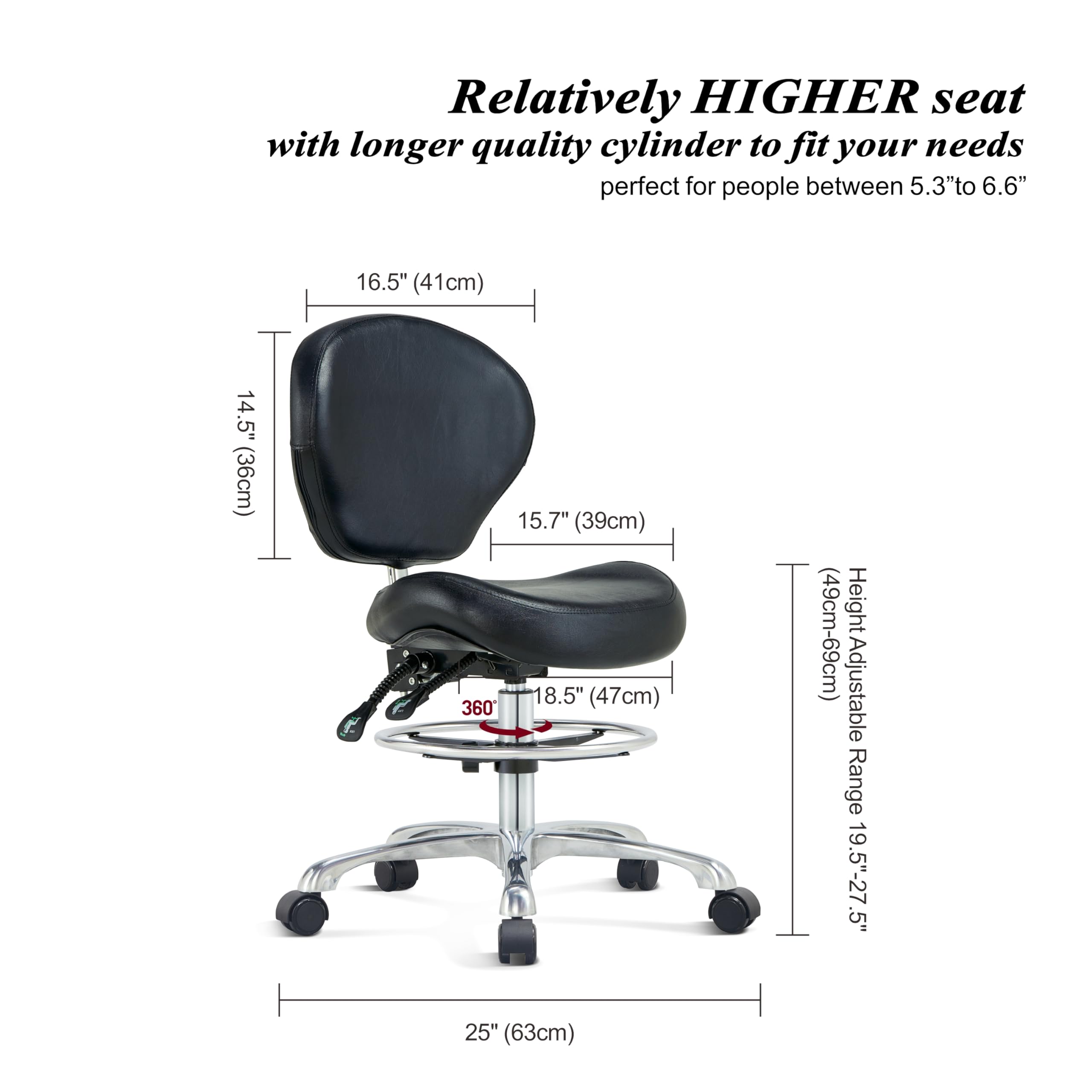 Ergonomic Drafting Stool with Back Support - Adjustable Height Rolling Office Chair with Wheels for Computer Work, Home Office, Studio & Crafting - Comfortable Black Shop Stool for Artists, Designers & Professionals