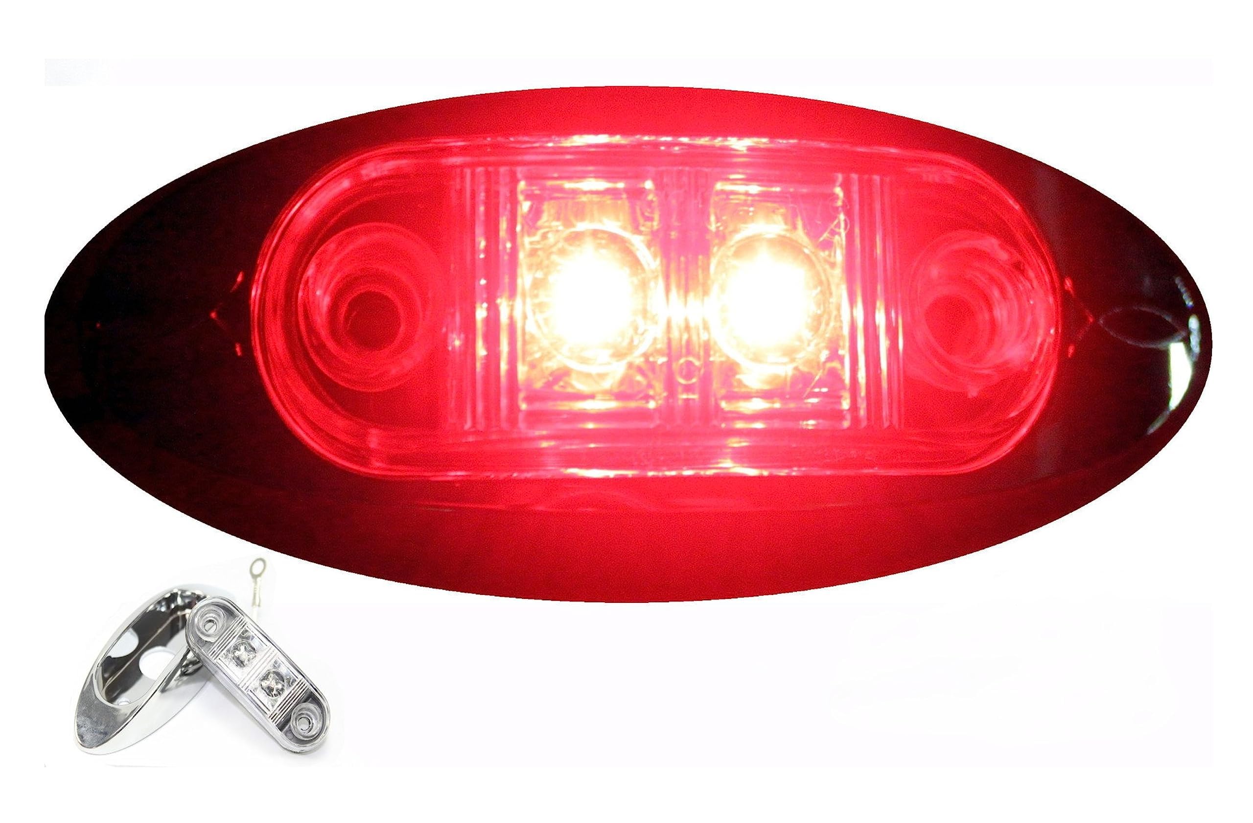 4 LED Oval Oblong Clearance/Side Marker Light with Chrome Bezel - Red Clear Lens for Truck Trailer (2