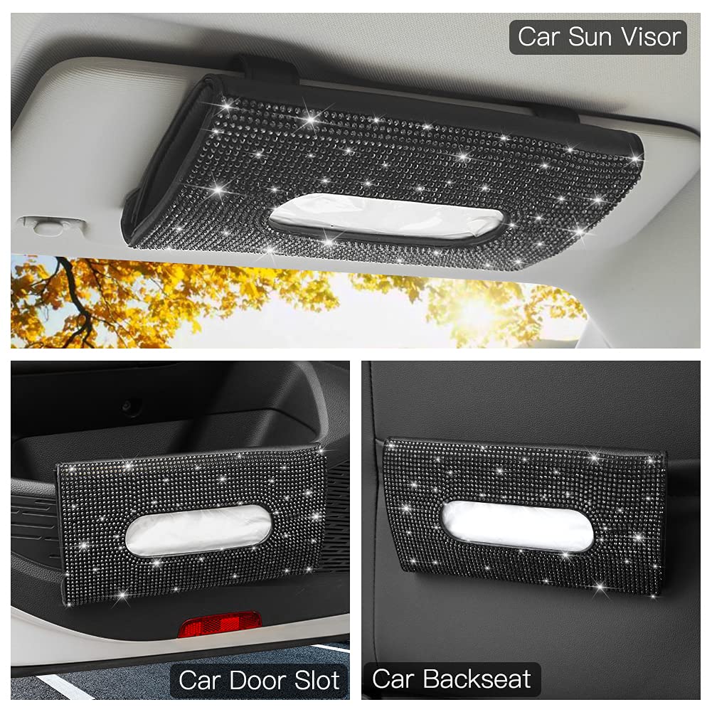 Black Rhinestone Car Tissue Holder - Sun Visor Napkin Holder with 1 Refill Pack | Perfect for Road Trips, Commuting & Car Organization