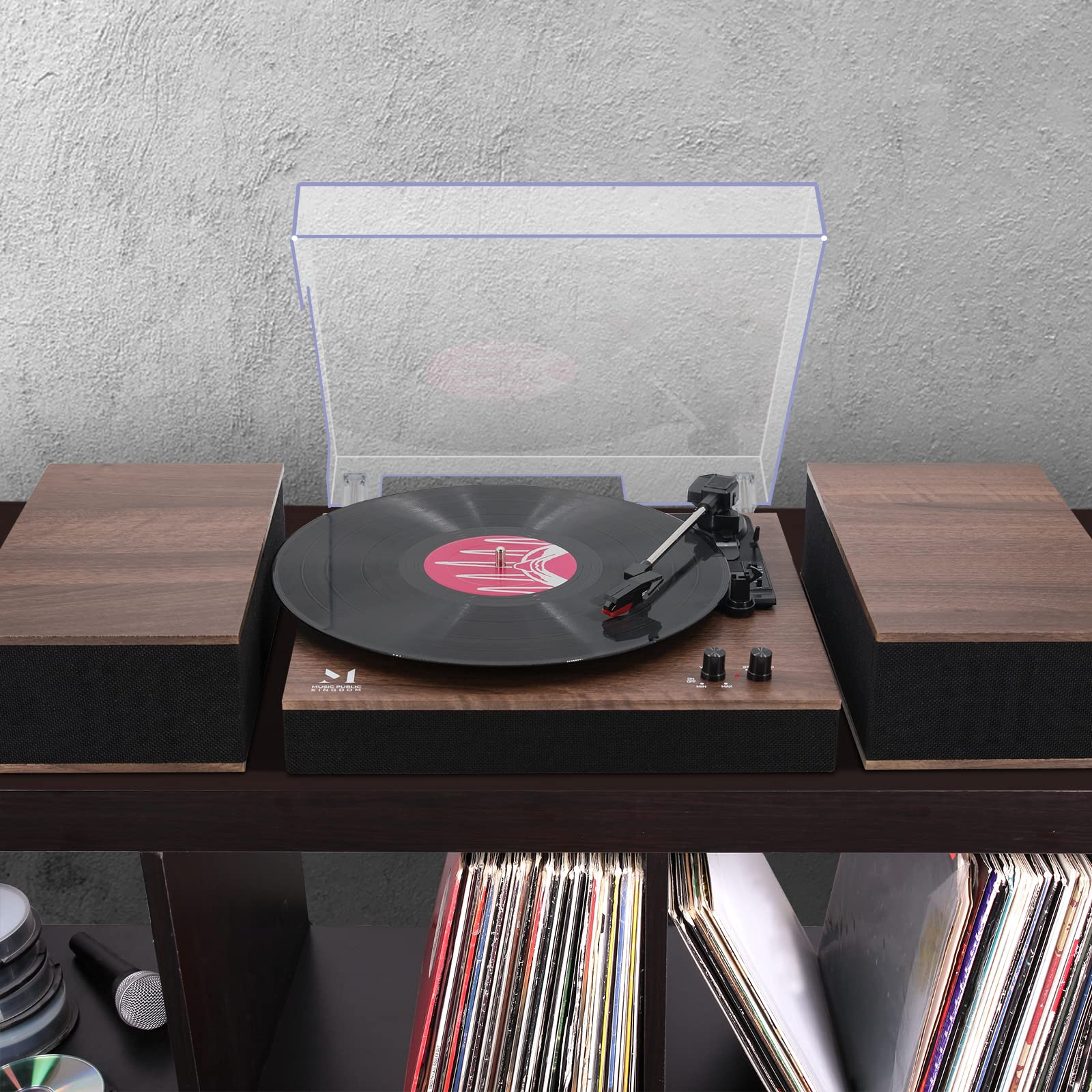 MPK Bluetooth Record Player - HiFi Turntable with Bookshelf Speakers, 3-Speed Belt-Drive Vinyl Player for Wireless Playback & Auto-Stop, Walnut Wood - Perfect for Home Entertainment & Vinyl Record Collection