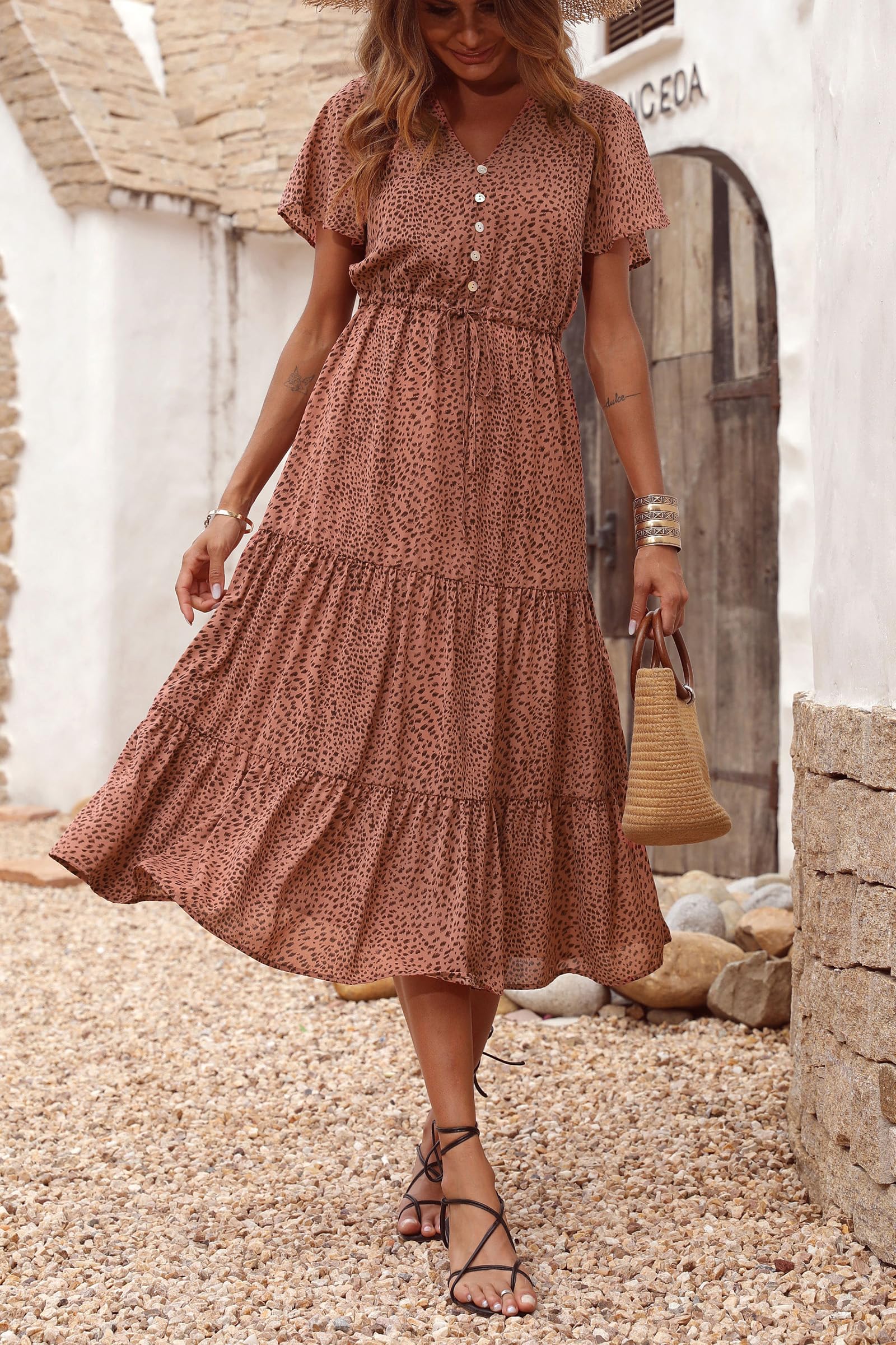 PRETTYGARDEN Women's Floral Maxi Dress - 2025 Summer Casual Short Sleeve V-Neck Tiered Boho Sundress | Perfect for Beach Vacations, Date Nights & Outdoor Parties