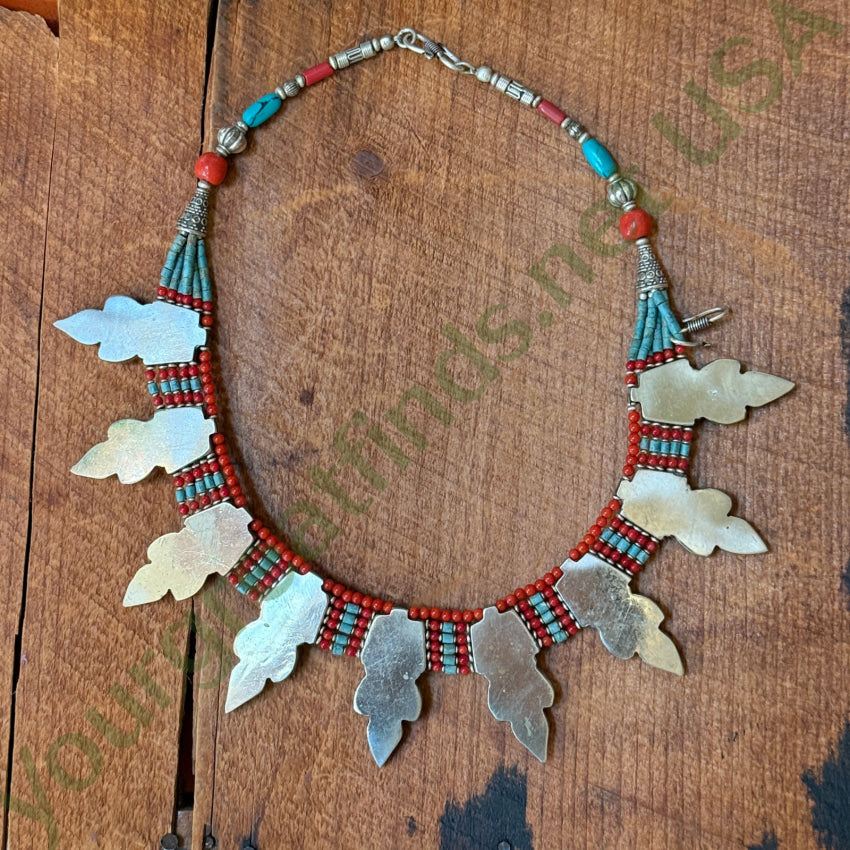 Handmade Tibetan Alpaca Silver Necklace with Turquoise & Coral Beads – Perfect for Boho Fashion, Spiritual Jewelry & Gift Giving