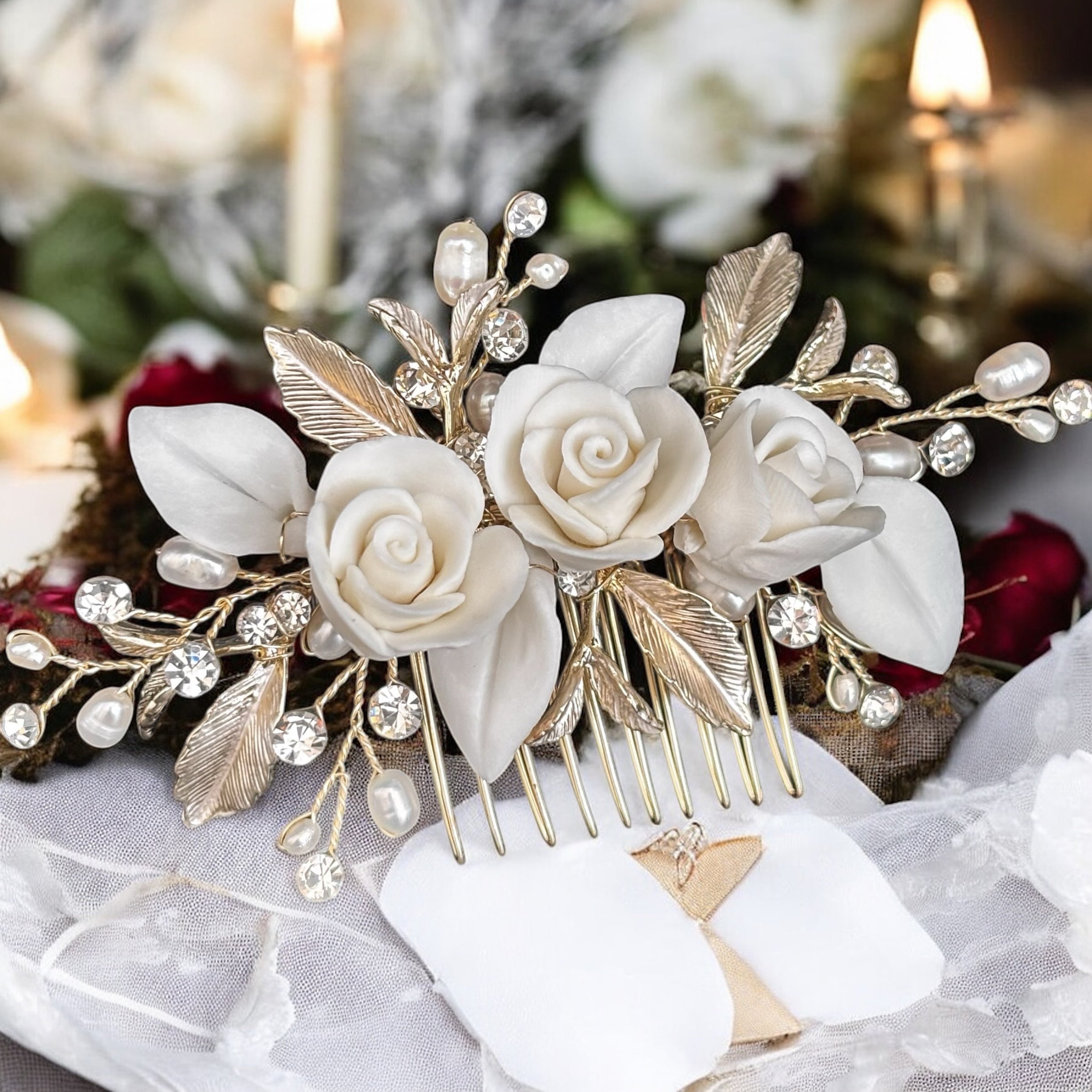 Elegant Champagne Gold Bridal Hair Comb with Diamantés & Pearls - Vintage Wedding Hair Accessory for Brides, Prom, and Special Occasions - TT1060