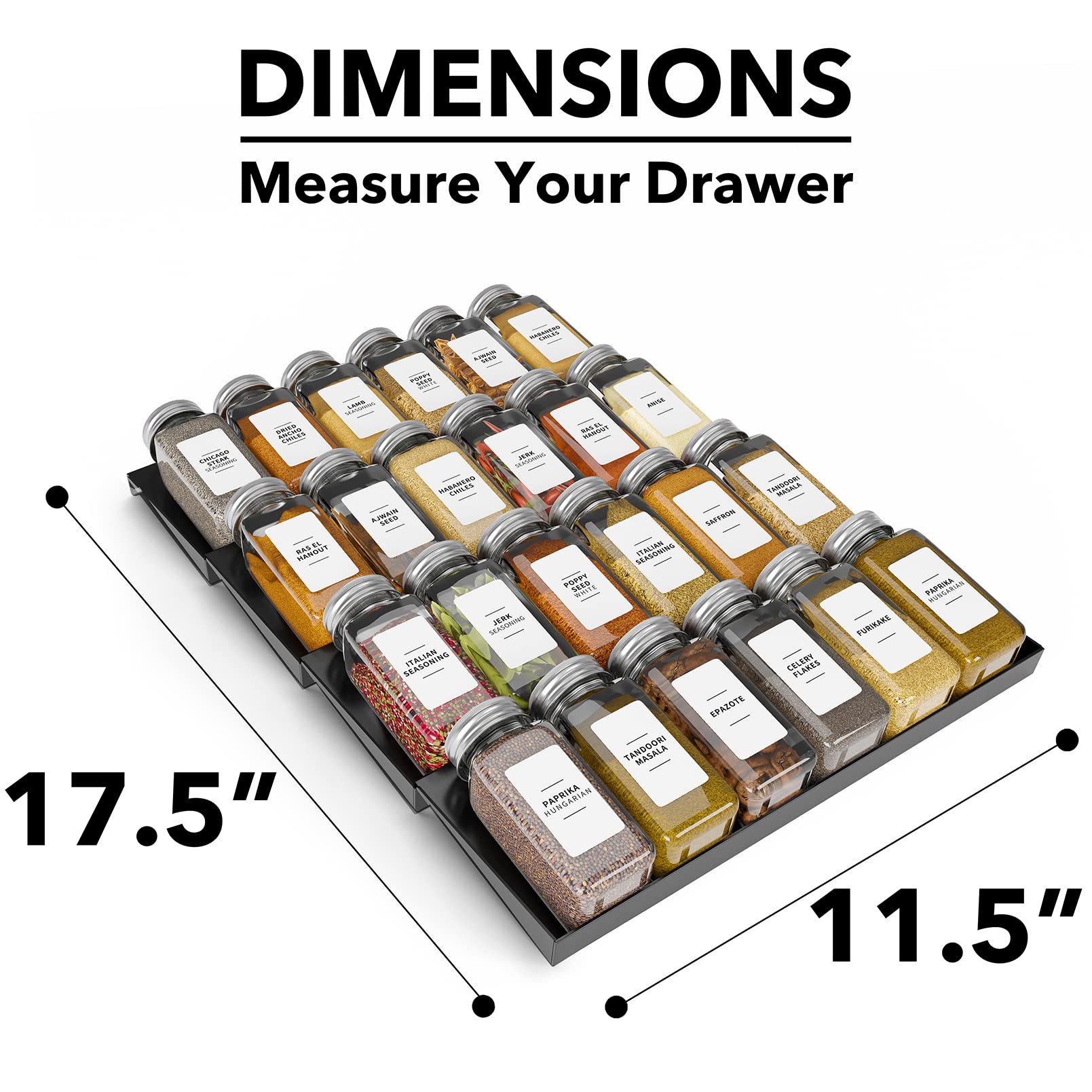 SpaceAid 4-Tier Spice Drawer Organizer with 24 Spice Jars & 378 White Minimalist Labels - 11.25