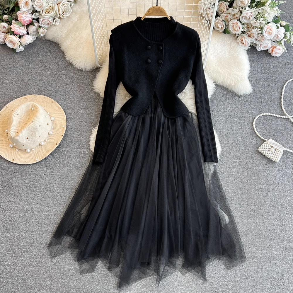Long Sleeve Knitted A-Line Mesh Dress with Vest Jacket Set - Women's Elegant Two-Piece Outfit for Party, Dinner & Special Occasions
