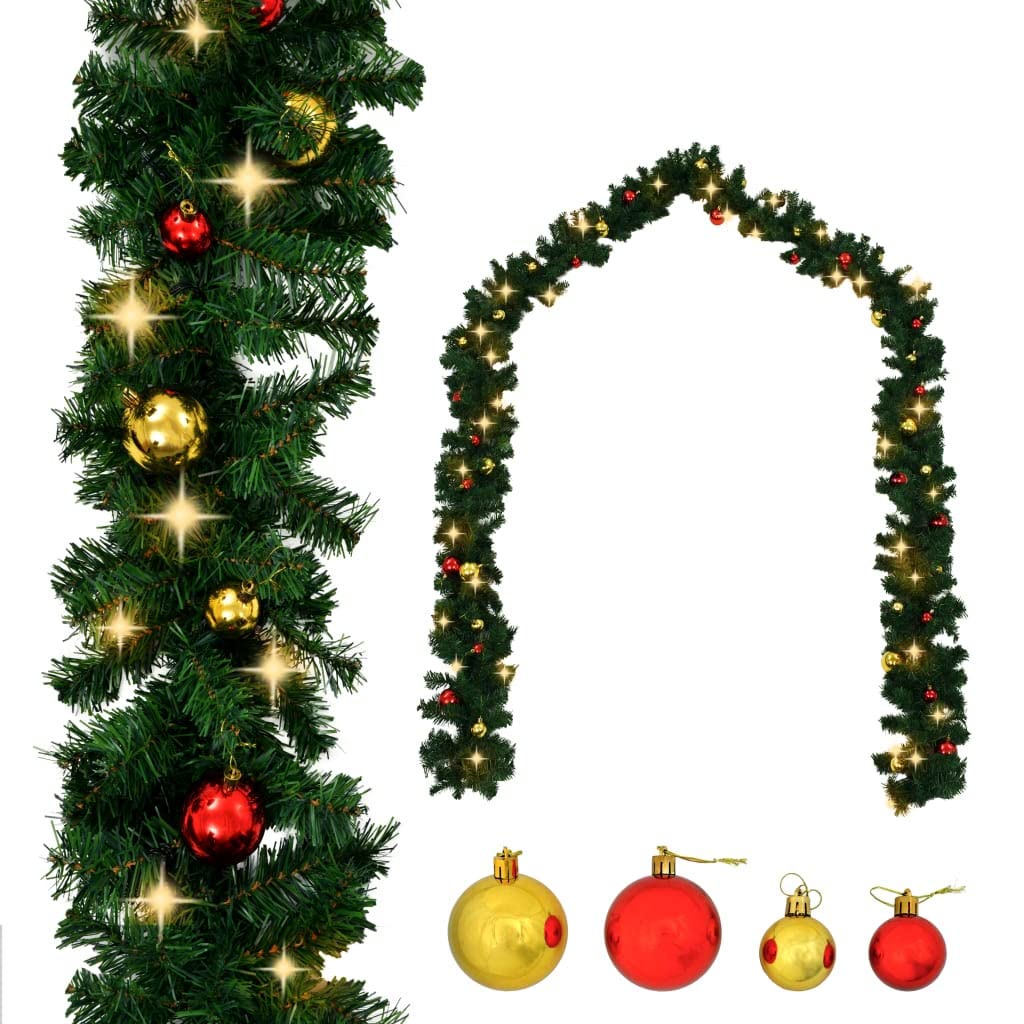 FAMIROSA 16.4ft Christmas Garland with 75 LED Lights - Gold & Red Christmas Ball Ornaments Set for Stairs, Fireplace, Front Porch, Door - Indoor/Outdoor Holiday Decor for Home, Party, Wedding, Xmas Tree Decoration