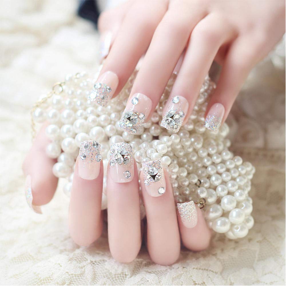 24pcs HUJL False Nails Set - Pink Pre-Designed Rhinestone Full Coverage Artificial Nails | Bridal Nail Art Tips for Wedding, Party & Special Occasions