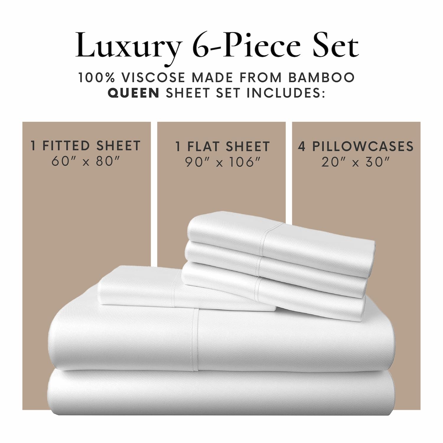 Bamboo Bay 6-Piece Queen Size Sheet Set - 100% Bamboo Viscose, Breathable & Ultra Soft Cooling Bed Sheets for Hot Sleepers - Deep Pocket Fits 16