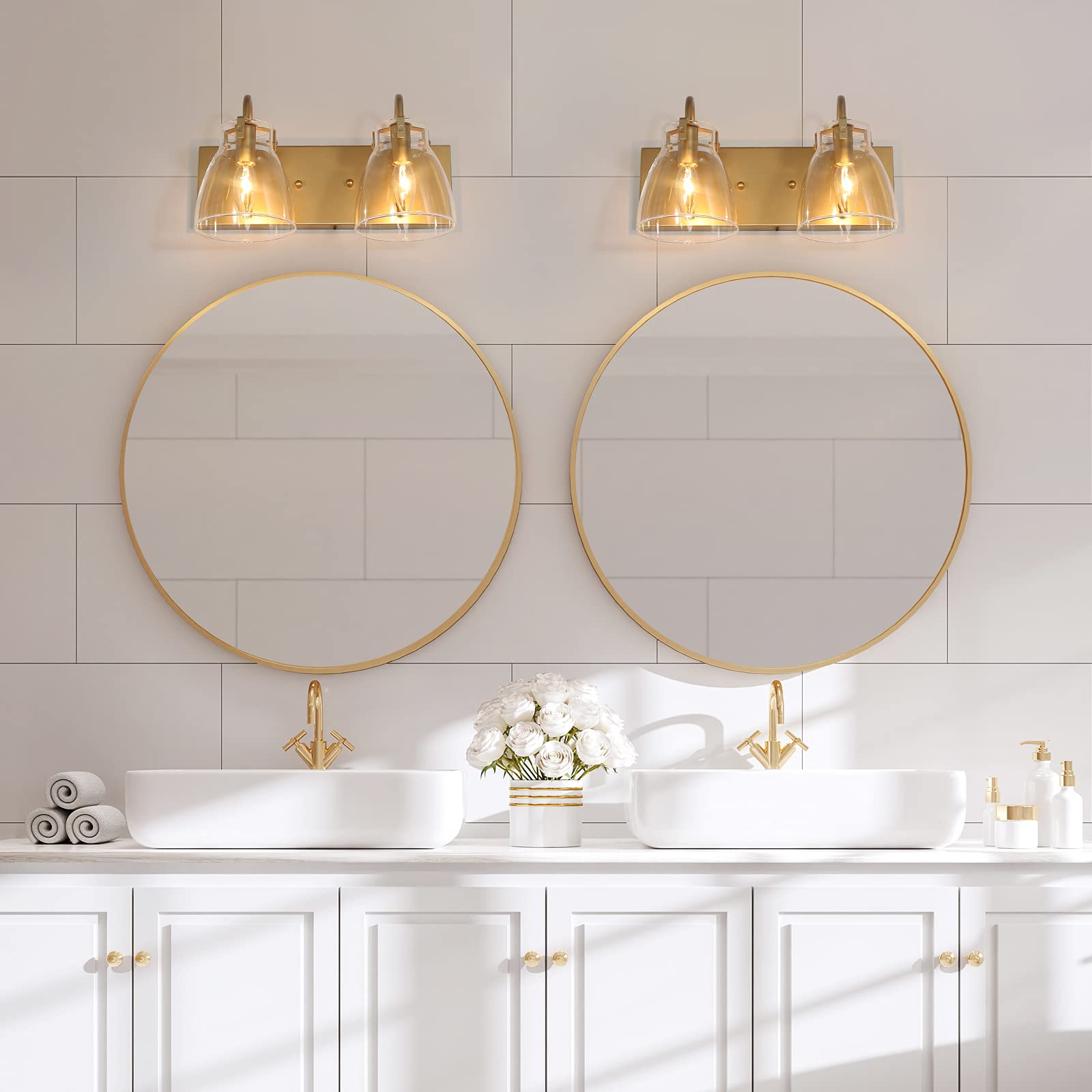 KSANA Gold Bathroom Vanity Light Fixture - 2 Lights with Clear Glass Shade for Bathroom, Kitchen & Hallway - 13.5