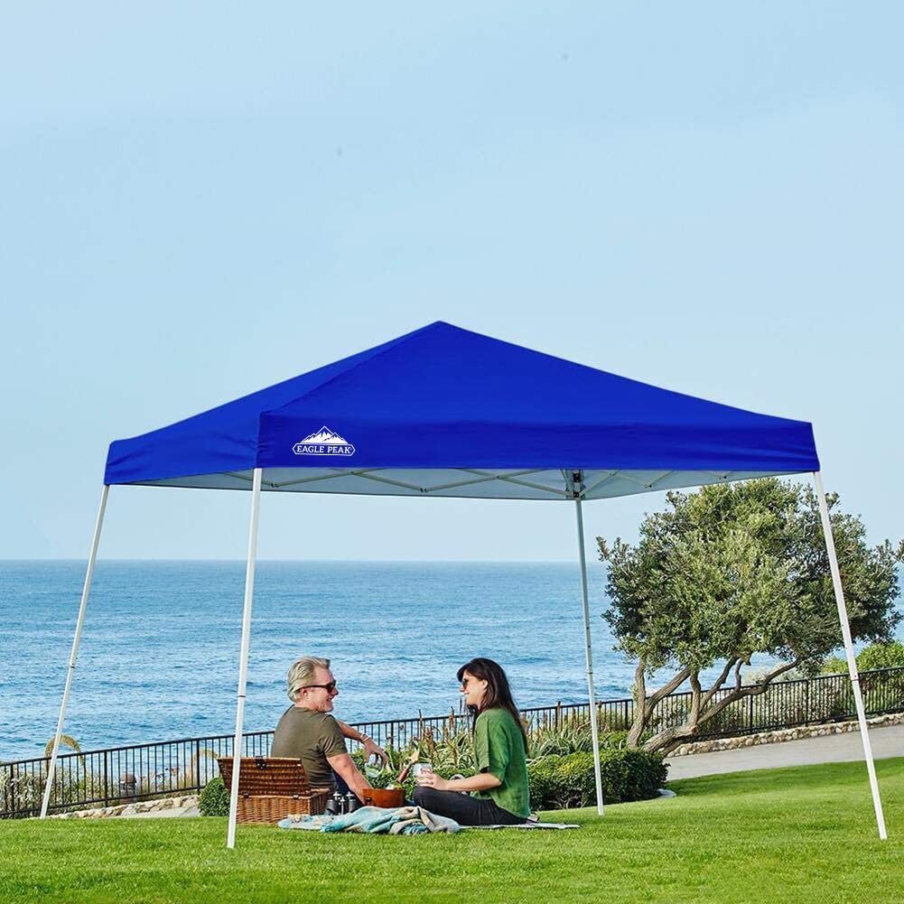 EAGLE PEAK 10x10 Slant Leg Pop-Up Canopy Tent - Easy One-Person Setup, Instant Outdoor Shade Shelter for Beach, Camping, Picnics & Sports Events - Portable Folding Canopy with 10x10 Base & 8x8 Top (Blue)