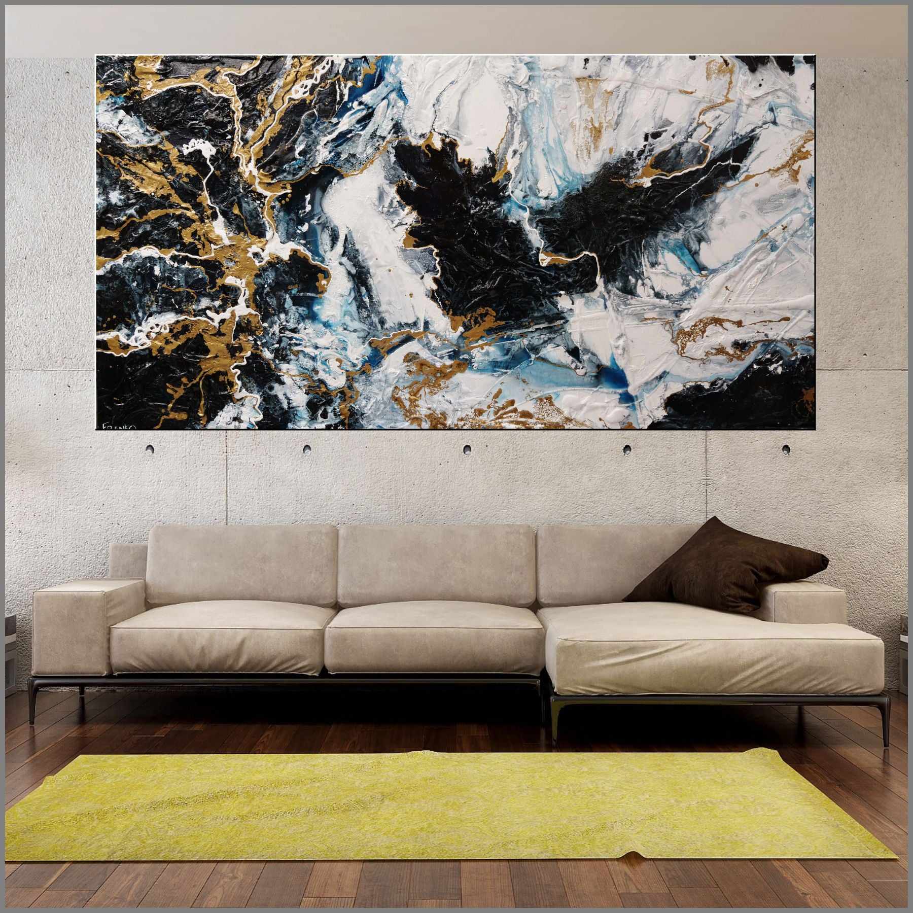190cm x 100cm Black Metallic Gold Blue Abstract Textured Canvas Art Painting - Modern Wall Decor for Living Room, Bedroom & Office