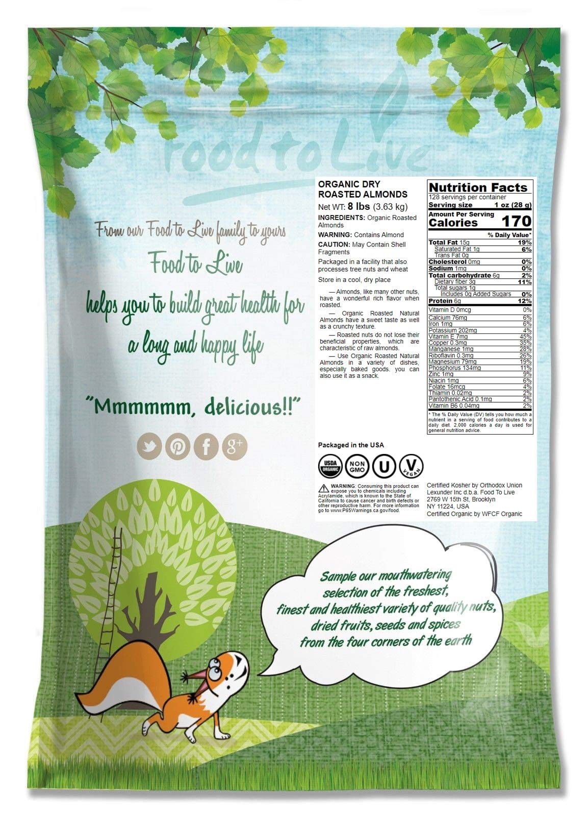 Organic Dry Roasted Almonds, 8 Pounds – Non-GMO, Unsalted, Vegan, Keto, Paleo, Kosher, Bulk Snacks | High in Protein, Fiber, Vitamin E & Minerals | Perfect for Healthy Snacking, Baking & Meal Prep