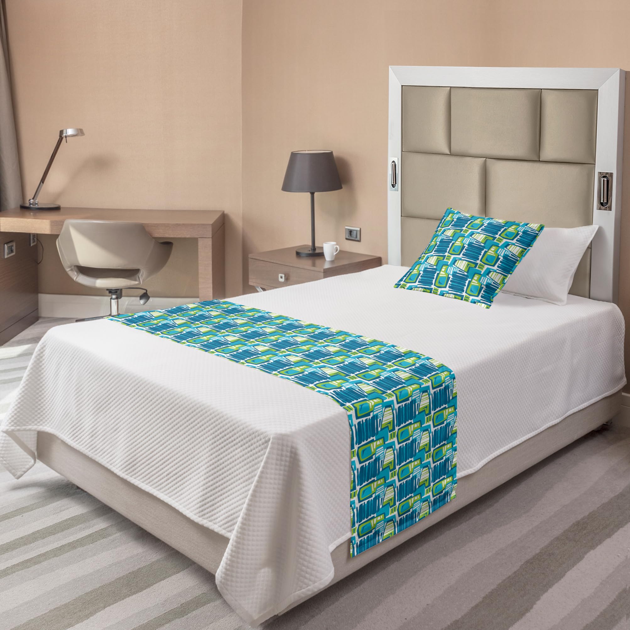 Ambesonne Abstract Bed Runner Set - Modern Geometric Doodle Pattern with Lines, Decorative Bed Scarf & Pillow Sham for Twin Bed - Sea Blue & Apple Green | Perfect for Hotel Rooms, Home Bedrooms & Guest House Decor