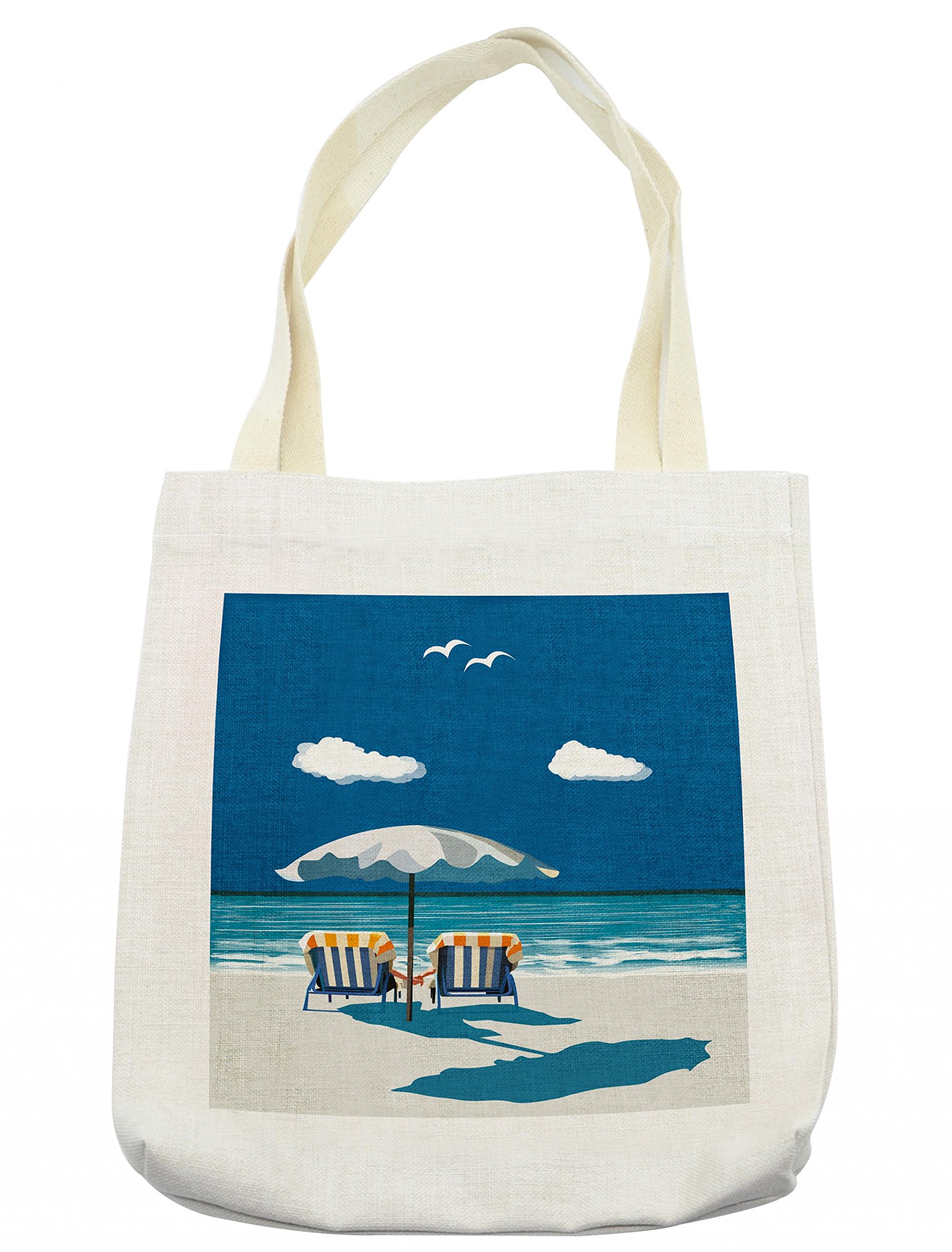 Lunarable Coastal Tote Bag - Romantic Couple on Beach Chairs Holding Hands Under Umbrella - 16.5x14 Inch Cream Linen Reusable Shopping Bag for Beach, Books, Groceries & Travel - Perfect for Summer Vacations, Picnics & Eco-Friendly Outings