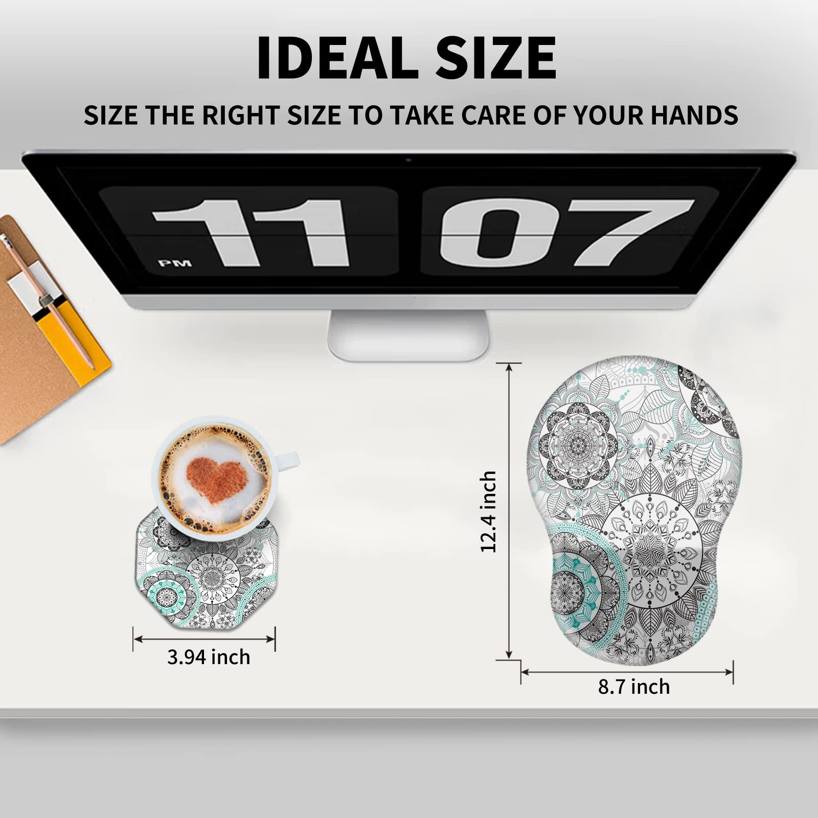 Ergonomic Mouse Pad with Wrist Rest - Thick Non-Slip PU Base for Pain Relief & Carpal Tunnel Support | Includes Cup Coasters | Perfect for Office, Gaming & Home Computer Use | Cyan Mandala Design