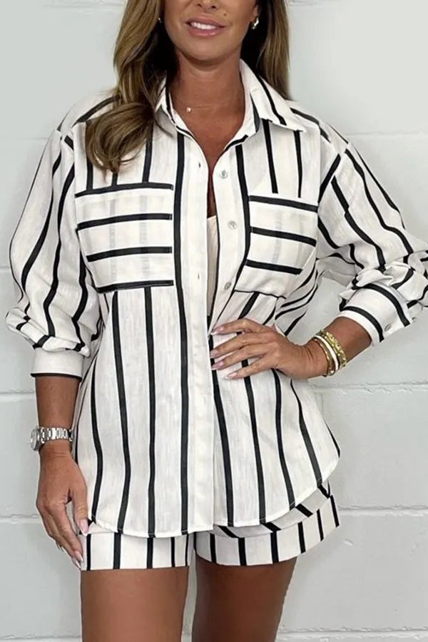 Stylish Striped Print Lapel Long Sleeve Shirt & Elastic Waist Loose Shorts Set - Casual Summer Outfit for Women, Beach Vacation, Streetwear Fashion