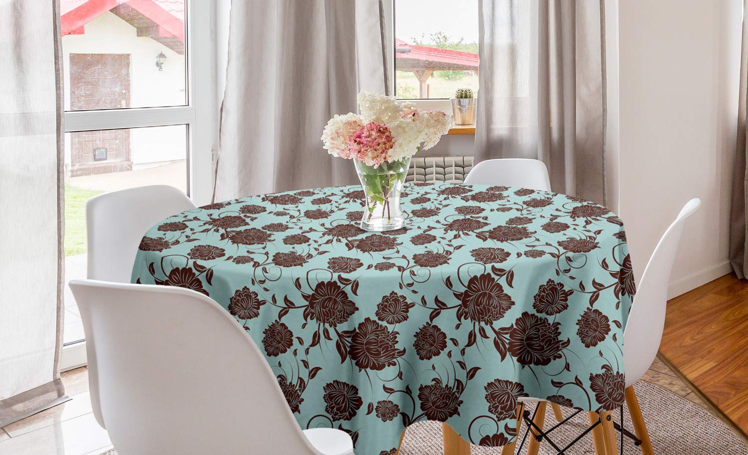 Ambesonne Vintage Floral Round Tablecloth - 60 Inch Circular Dining Table Cover with Ornamental Flowers, Swirled Branches & Leaves in Pale Blue & Brown | Perfect for Kitchen, Dining Room, Party & Home Decor