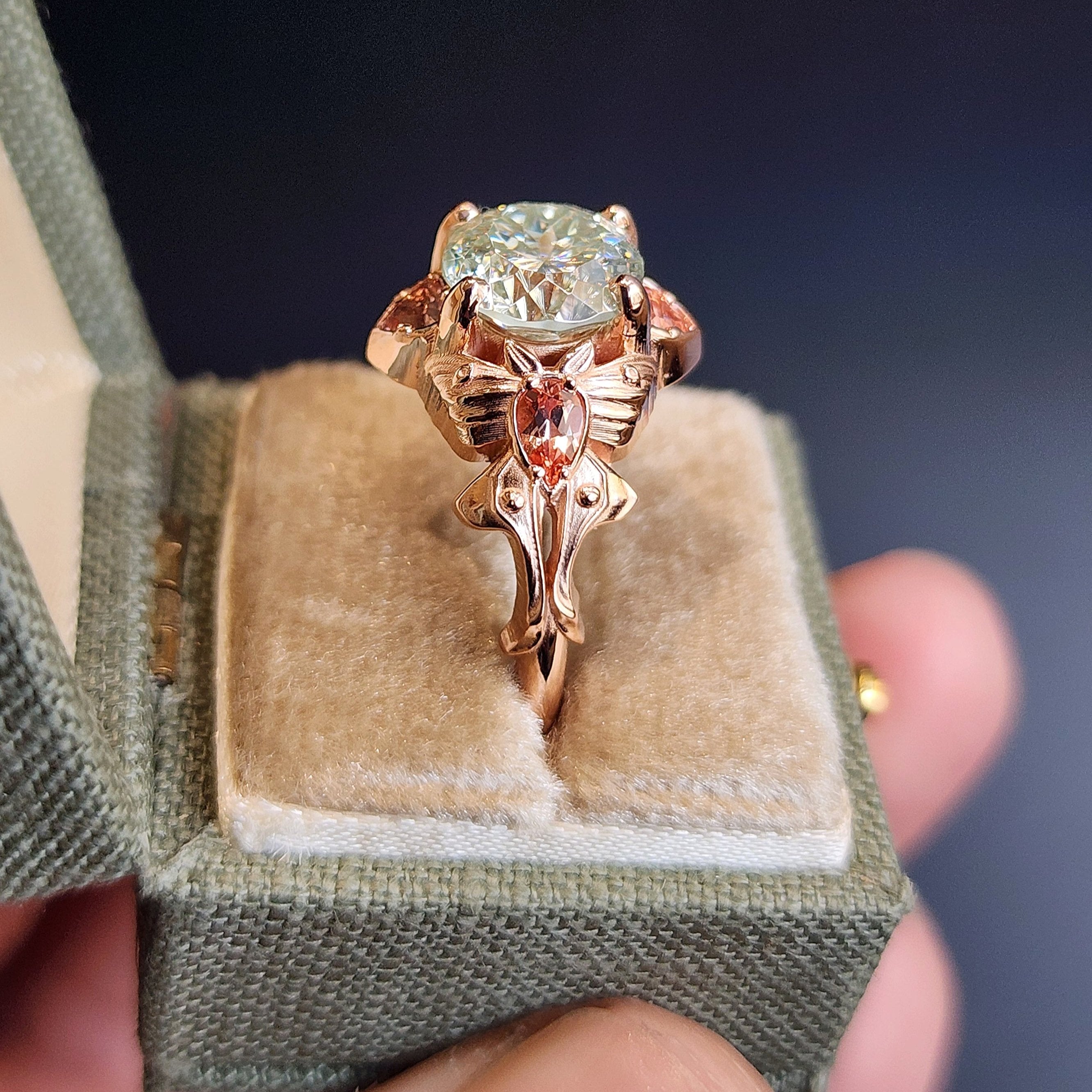 Exclusive Limited Edition Mint Green Fantasy Cut Moissanite Luna Moth Engagement Ring with Champagne Sapphires in 14k Gold - Unique Bug Jewelry for Weddings, Anniversaries & Special Occasions