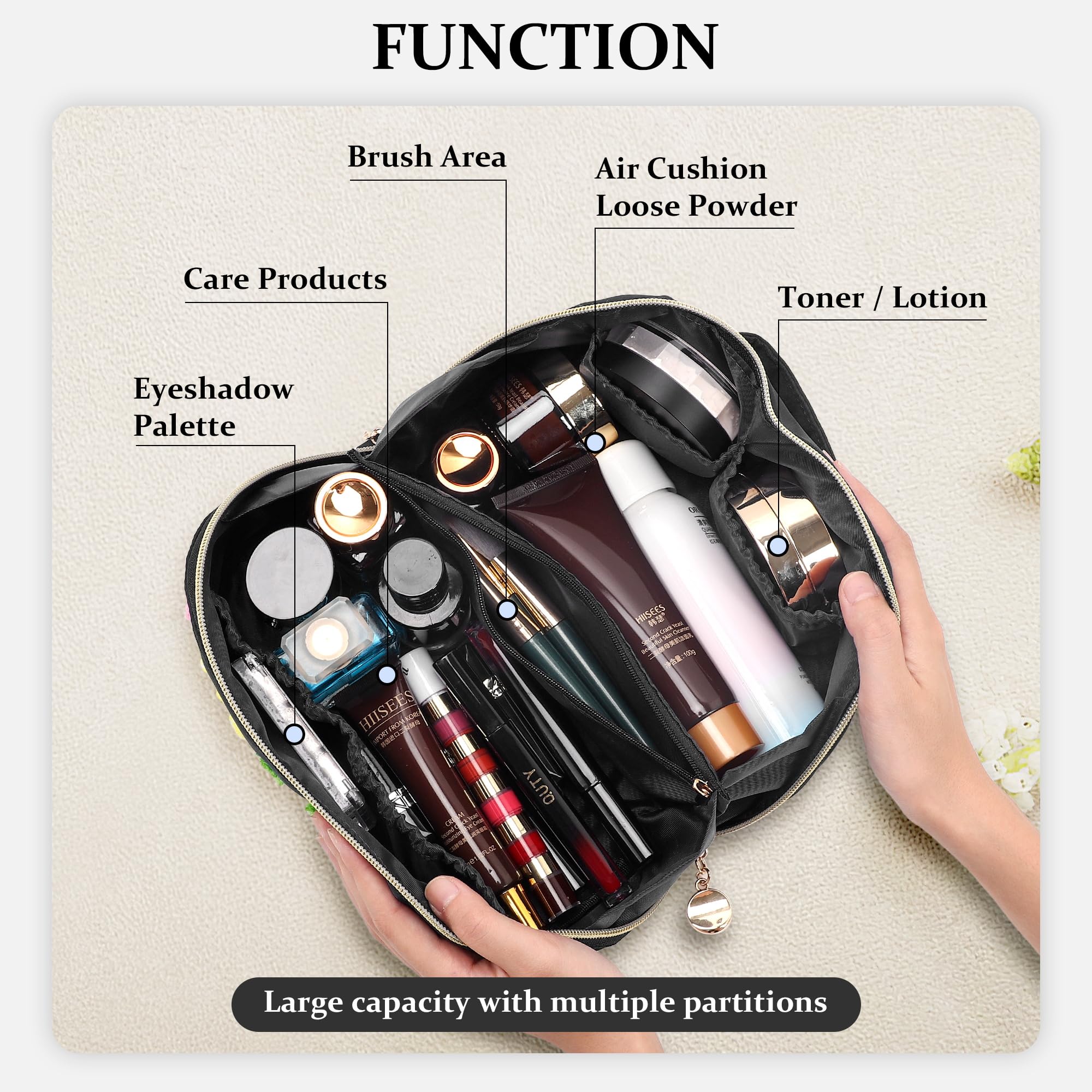 Stoney Clover Preppy Makeup Bag - Large Capacity Travel Cosmetic Organizer with Chenille Letters & Patch Design | Perfect for College, Gym, Vacation & Everyday Use (Black)