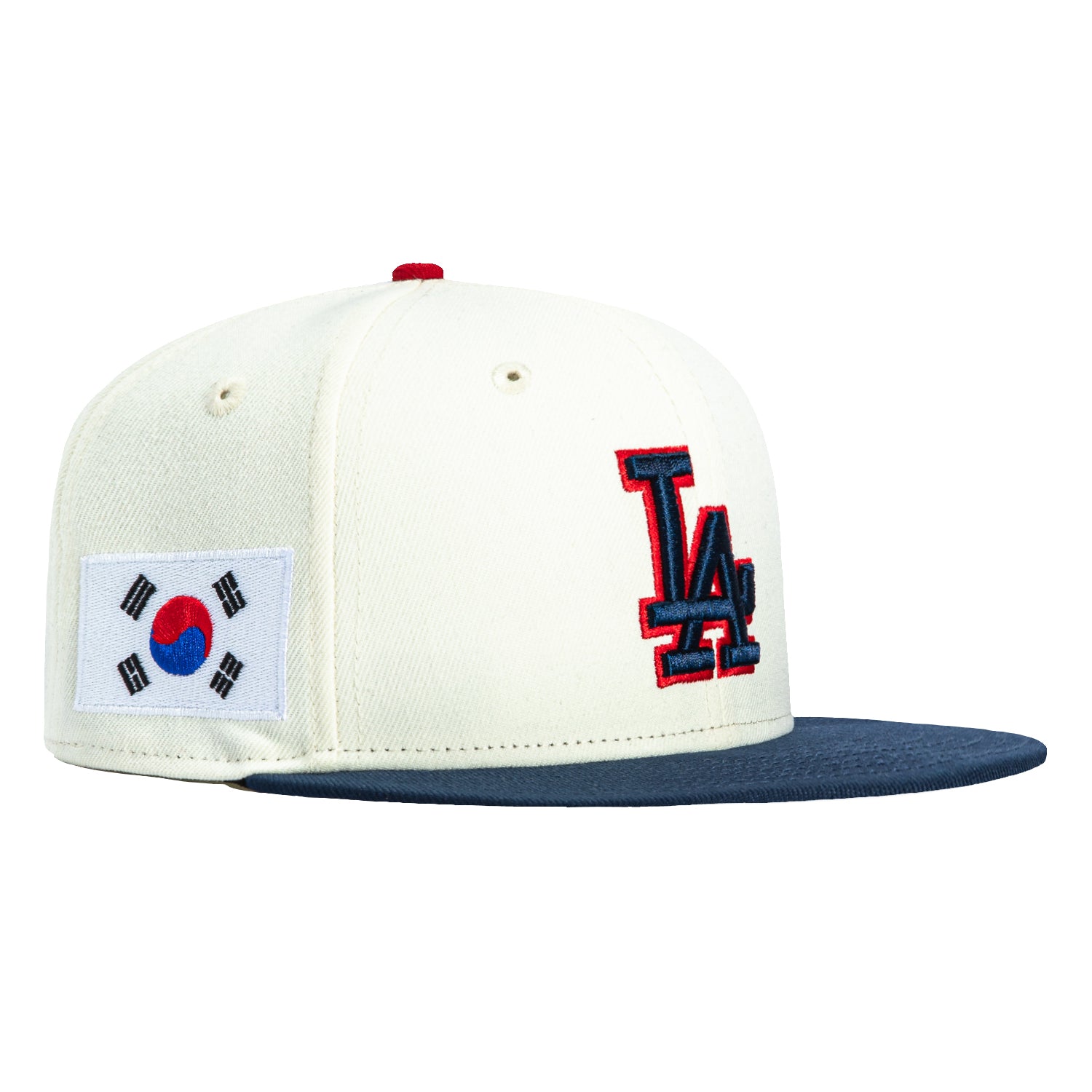New Era 59Fifty Los Angeles Dodgers Korea Flag Patch Baseball Cap - Adjustable Snapback Hat in White, Navy & Red Colors | Perfect for Baseball Games, Streetwear Fashion & Dodger Fans Collection
