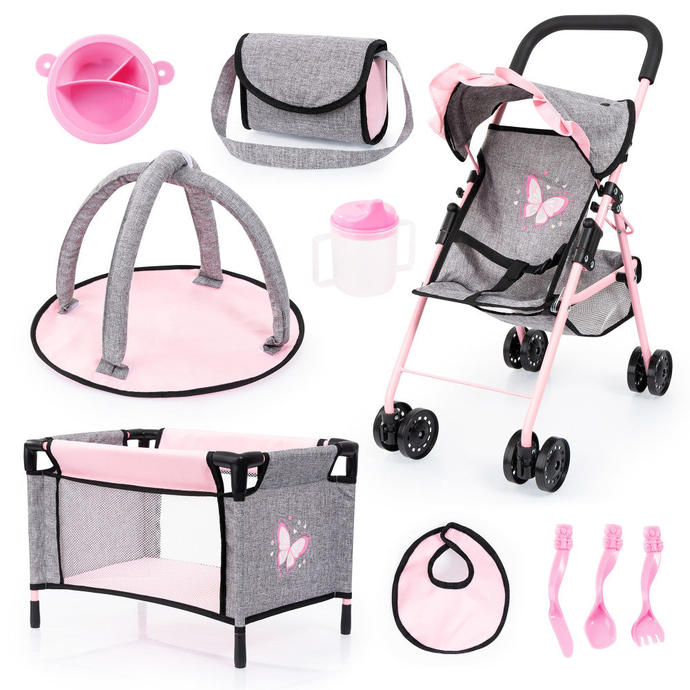 Bayer Design Dolls Buggy Stroller Playset with Accessories - Grey, Pink, Butterfly Print for Toddlers Ages 3+ | Perfect for Pretend Play, Outdoor Walks & Role-Playing Games