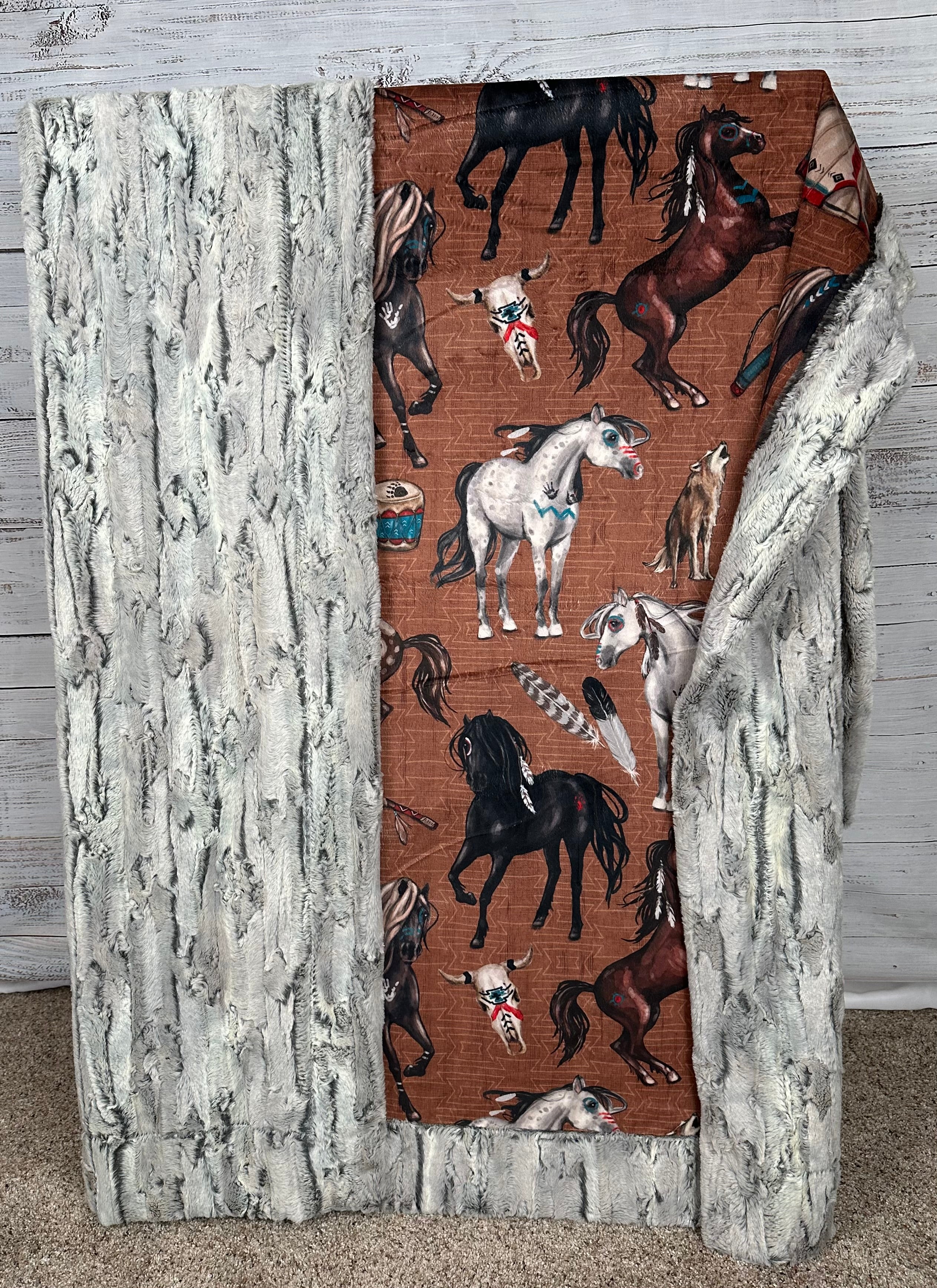 Premium Native American Horses Design Silver Fox Large 54x79 Inch Minky Blanket (Brown) - Ultra Soft & Cozy for Bedroom, Living Room, or Gift Giving - Spoonflower High Quality Fabric