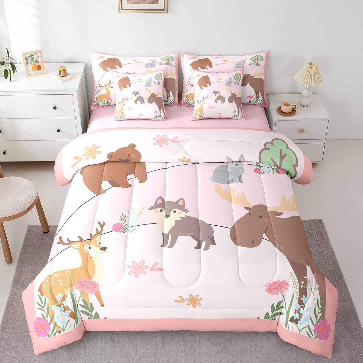 7-Piece Woodland Animal Comforter Set for Kids - Full Size Bedding with Bear, Deer, Fox & Rabbit Prints | Soft Nursery Decor for Toddlers & Teen Girls | Perfect for Bedrooms, Gifts & Themed Room Decor