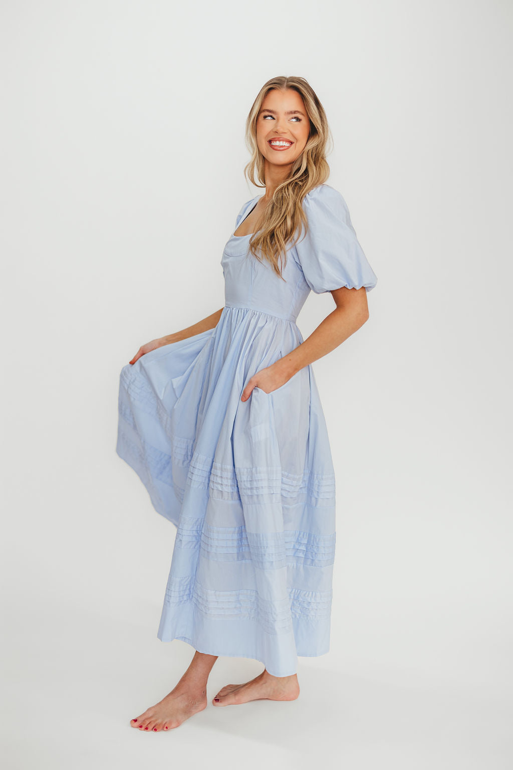 Milana 100% Cotton Puffed Sleeve Midi Dress - Baby Blue Floral Summer Dress for Women | Perfect for Beach Vacations, Garden Parties & Date Nights