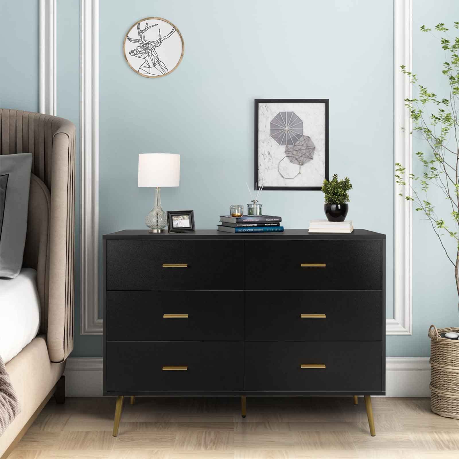 Modern Black 6-Drawer Dresser with Wide Storage Drawers & Metal Handles - Bedroom Chest for Closet, Hallway, Entryway | Perfect for Organizing Clothes, Accessories & Home Decor