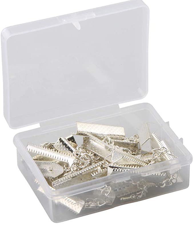 20mm Silver Ribbon End Clamp Crimps with Lobster Clasp & Extension Chain - DIY Jewelry Making Kit for Bracelets, Necklaces & Craft Projects (Includes Storage Container)