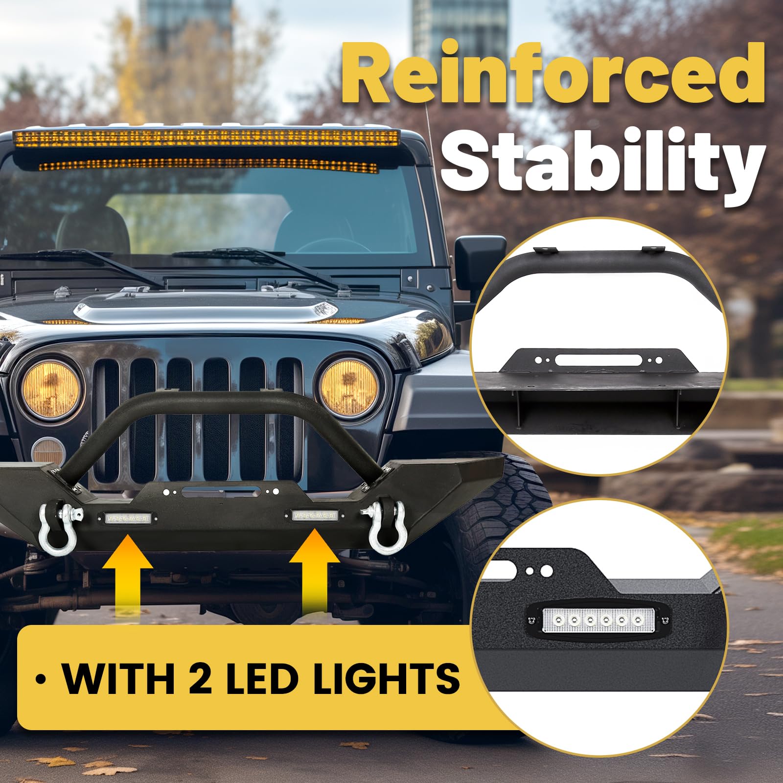 Heavy Duty ECOTRIC Front Bumper with Winch Plate & D-Ring for 1987-2006 Jeep Wrangler TJ YJ | 2 LED Lights | Black Rock Crawler Design | Off-Road Adventure & Trail Protection