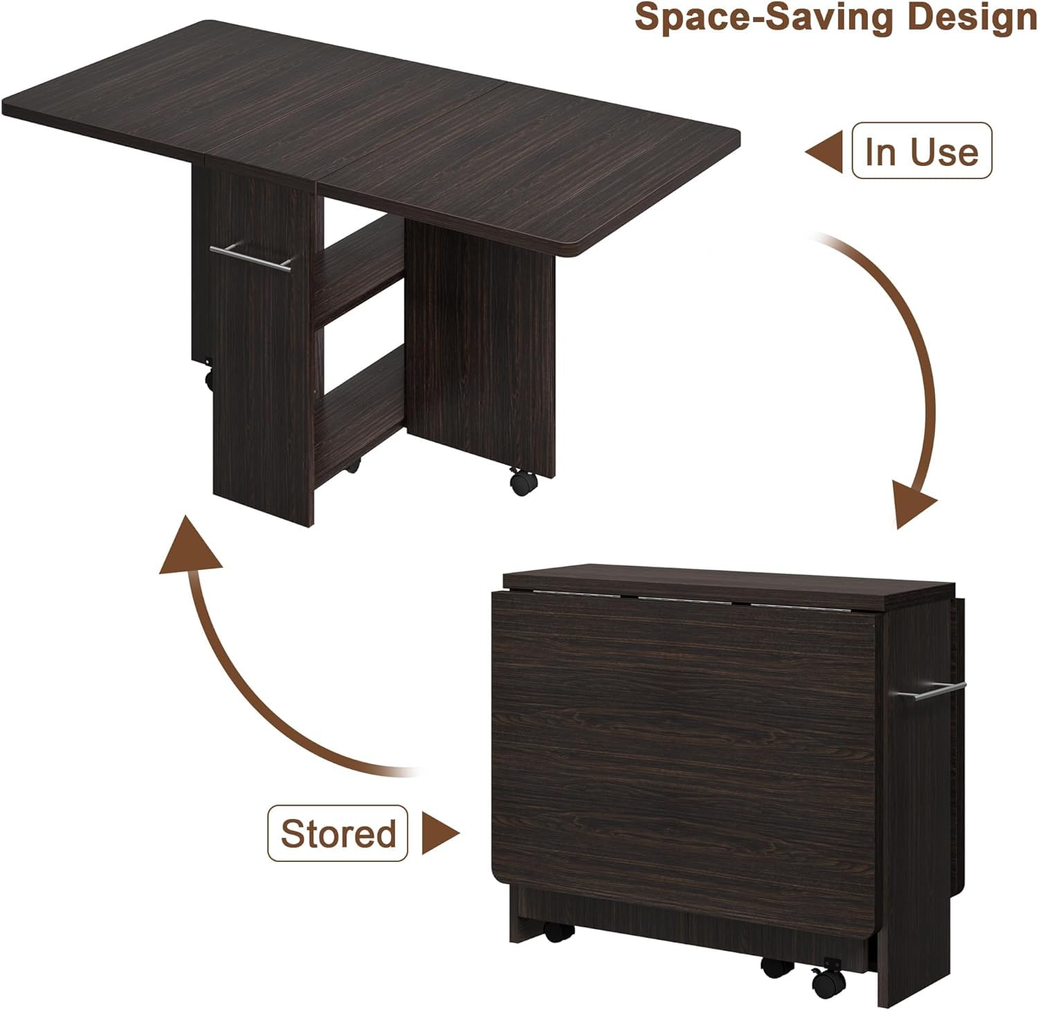 IDEALHOUSE Folding Dining Table with Drop Leaf, 6 Wheels & 2-Tier Storage Shelf - Space Saving Kitchen Table for Small Spaces, Compact Apartment & RV (Dark Walnut, 47.2