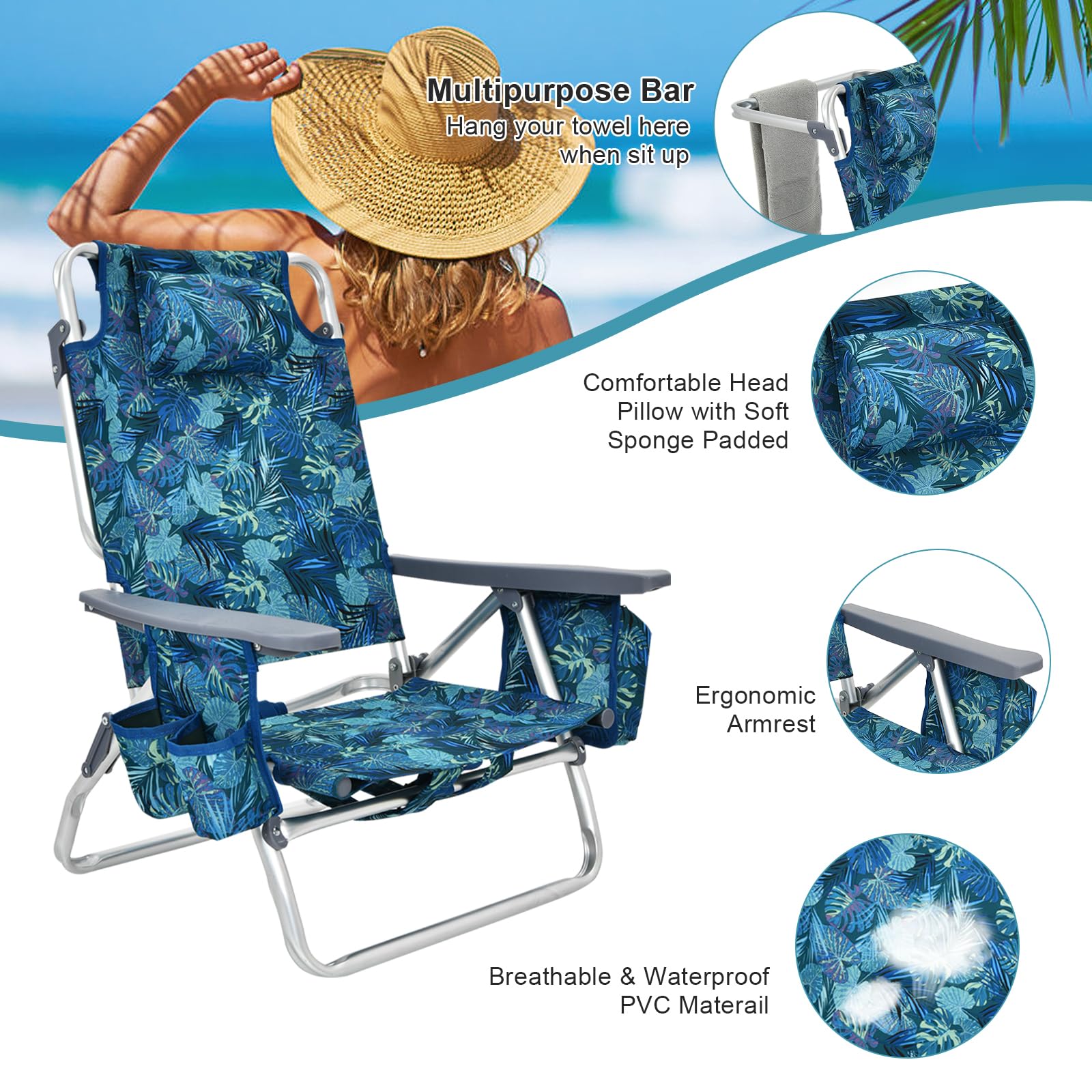 Gymax 2-Pack Portable Folding Beach Chairs with Cooler Bag, Cup Holder & Side Pockets - Lightweight Backpack Camping Chairs for Outdoor, Picnic, Travel, Pool Party & Beach Relaxation (Blue Leaves Pattern, Includes Table)