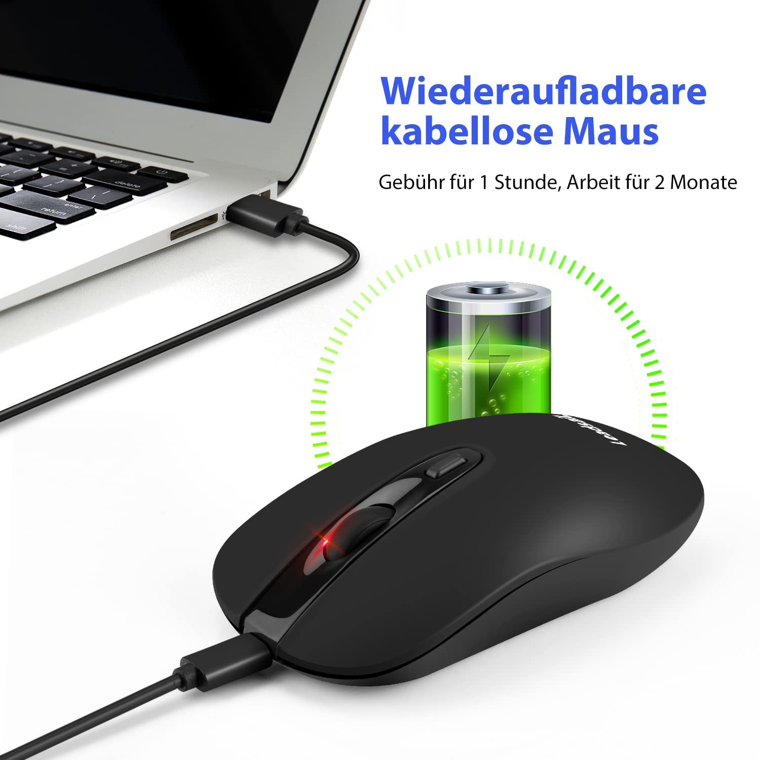 LeadsaiL Wireless Silent USB Mouse for Laptop, Rechargeable Noiseless Click Mouse, 2400DPI with 5 Adjustable Levels for Windows/Mac/Linux - Black - Perfect for Office, Home & Travel Use