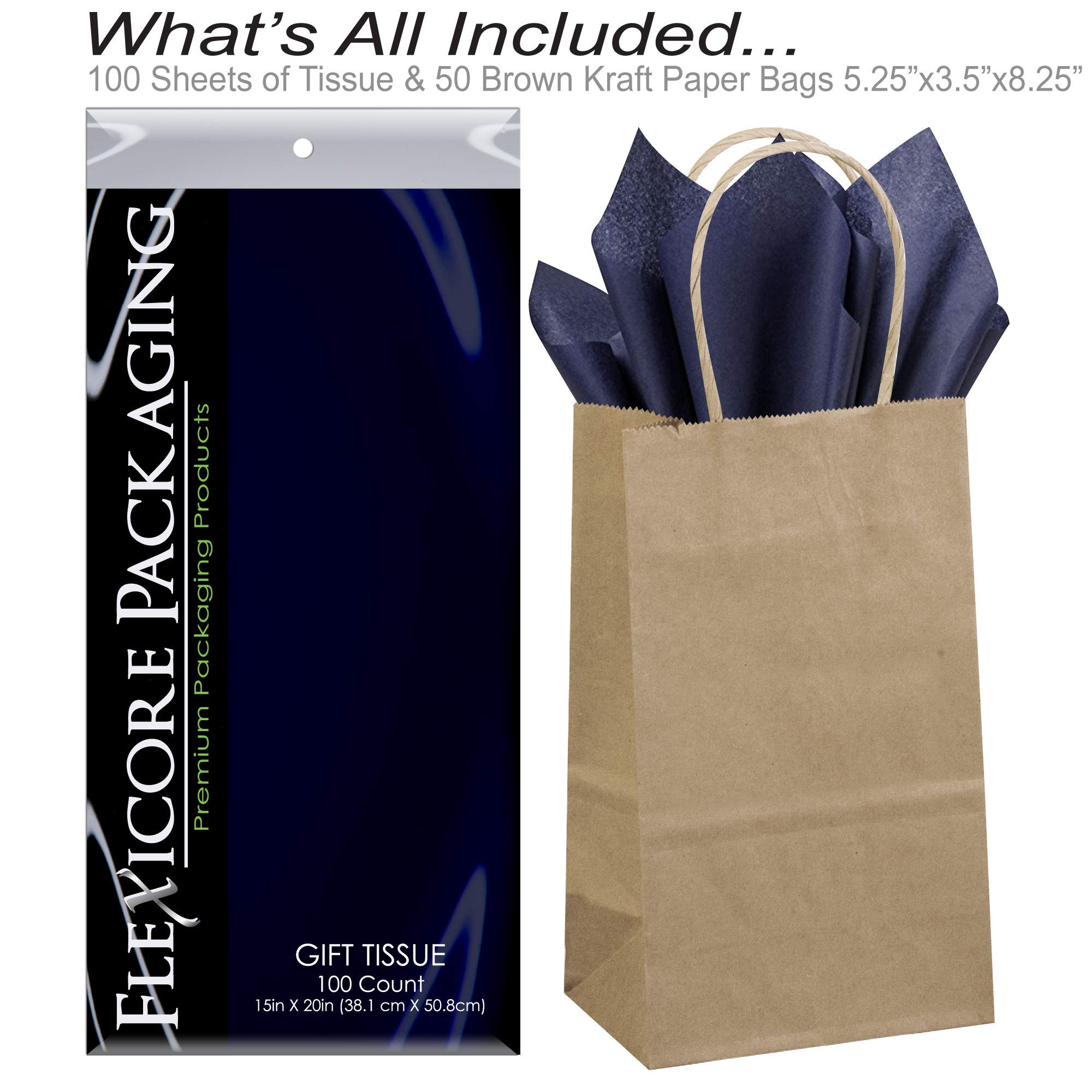 Flexicore Packaging® 50-Pack Natural Brown Kraft Paper Gift Bags with 100 Sheets Navy Blue Tissue Paper - Eco-Friendly Wedding, Birthday & Party Favor Packaging Supplies for Gifts, Favors & Retail Displays