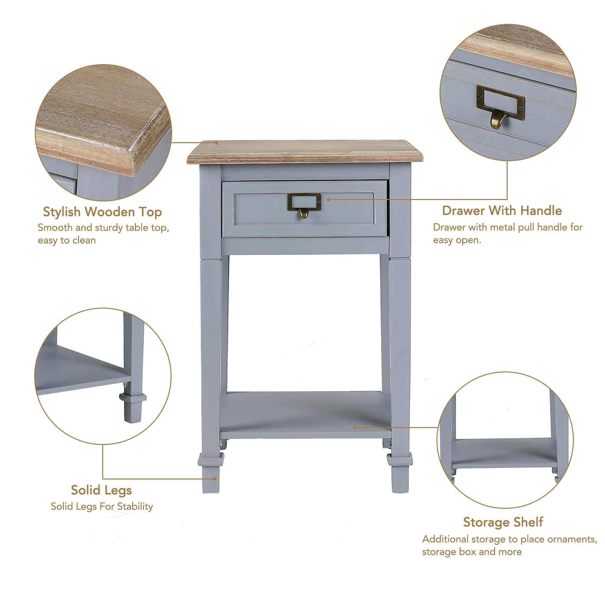 Rustic Farmhouse Wooden End Table with Drawers and Open Shelf - Handcrafted Nightstand for Living Room, Bedroom - Set of 2, Natural Wood Finish - Perfect for Home Decor and Small Space Storage