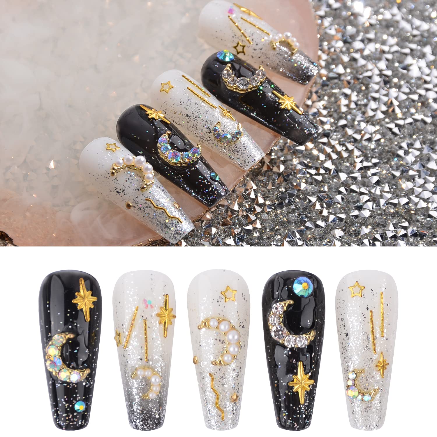 60 Pcs Moon Nail Charms - Shining Gold Nail Rhinestones with Moon Diamond Gem Pearl, Crystals Nail Studs for DIY Nail Art & Jewelry Making - Perfect for Manicures, Nail Decorations & Crafting (Includes Storage Box)