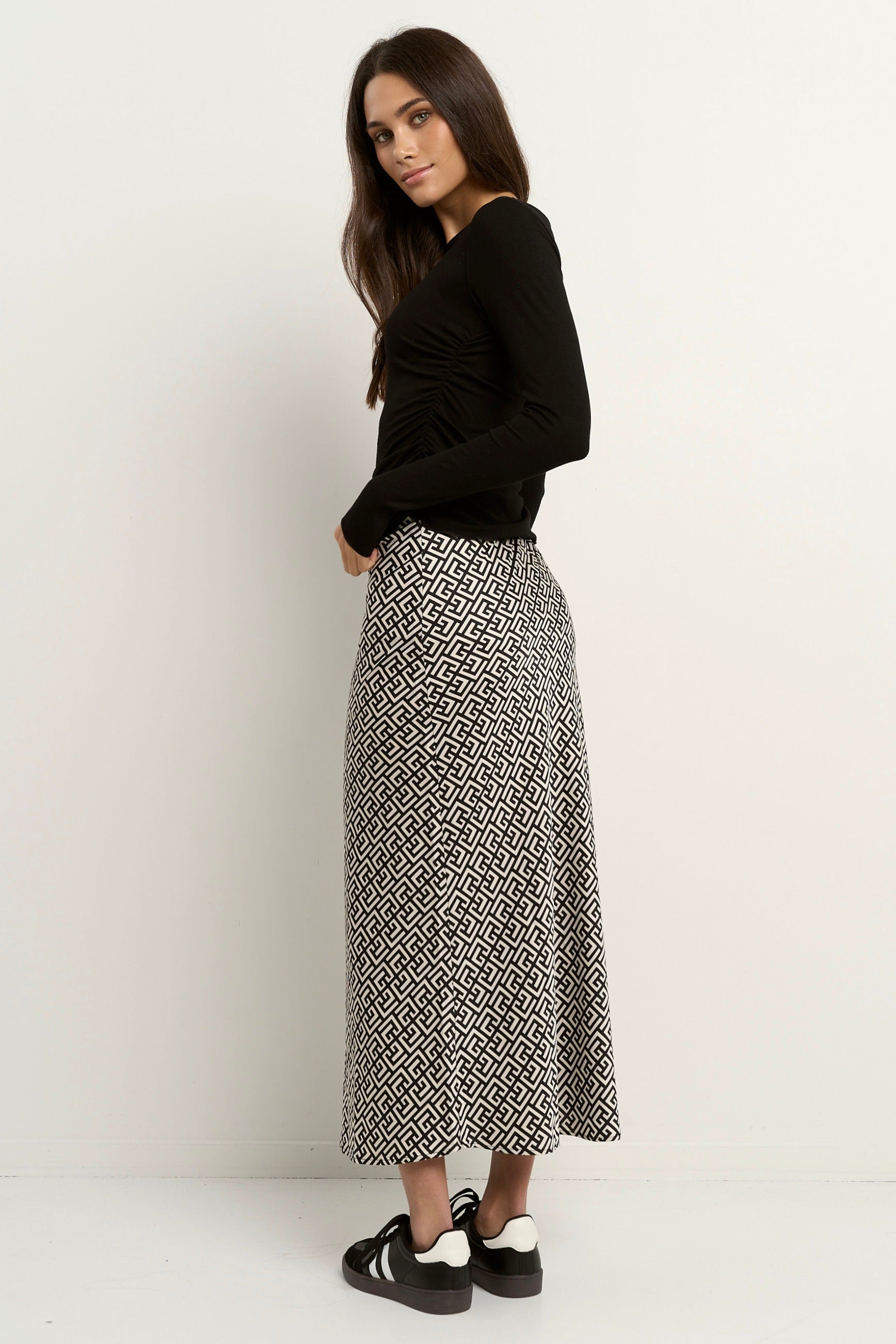 Cleo Geometric Print Satin Bias Cut Midi Skirt for Women | Elegant Party & Office Wear | Perfect for Weddings, Cocktail Events & Business Meetings