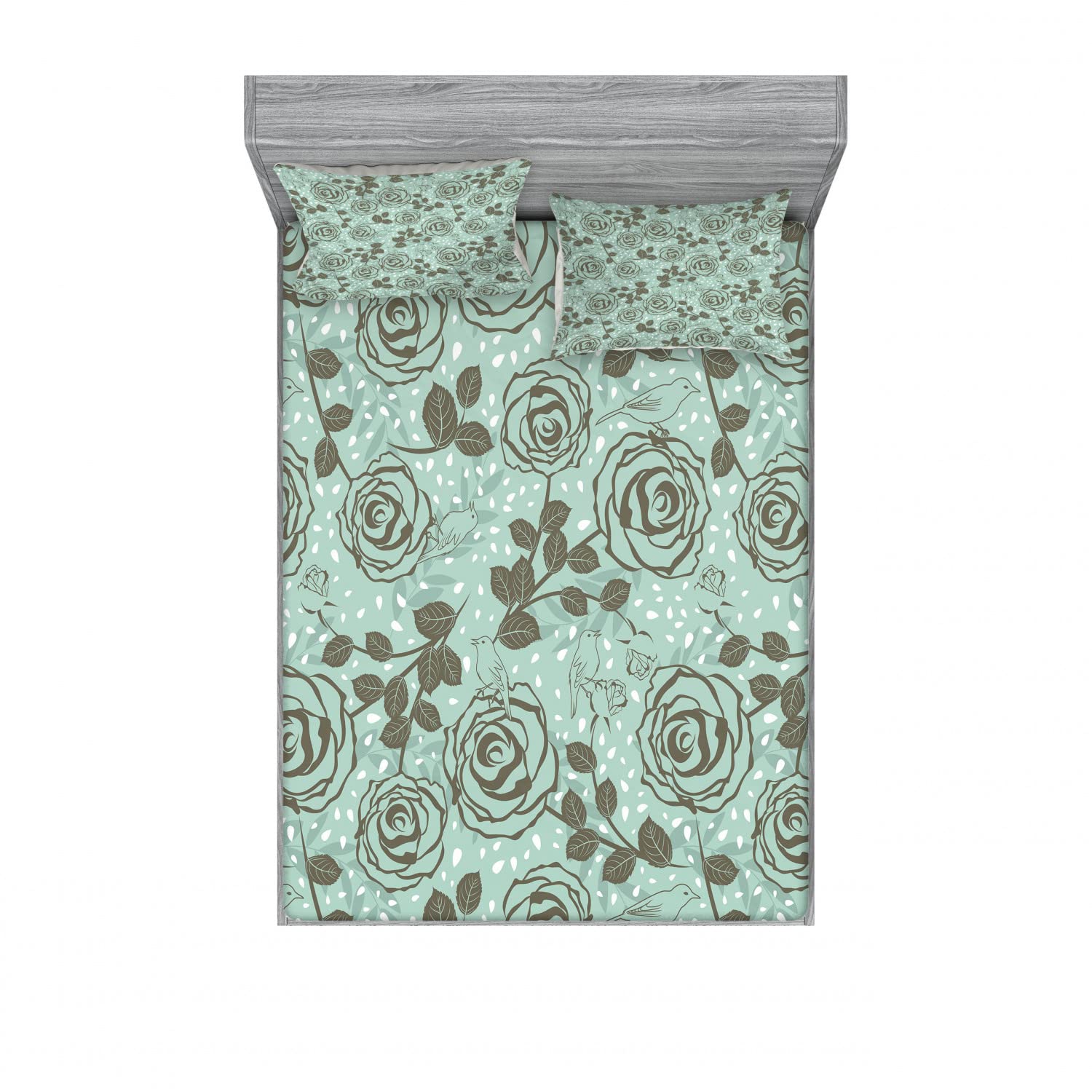 Ambesonne Floral 2-Pack Fitted Sheet & Pillow Sham Set - Romantic Inspirations, 4-Piece Bedding Decor, Includes 2 Twin XL Fitted Sheets & 4 Standard Pillowcases in Seafoam Sage Green - Perfect for Guest Rooms, Dorm Decor & Boho Chic Bedroom Styling