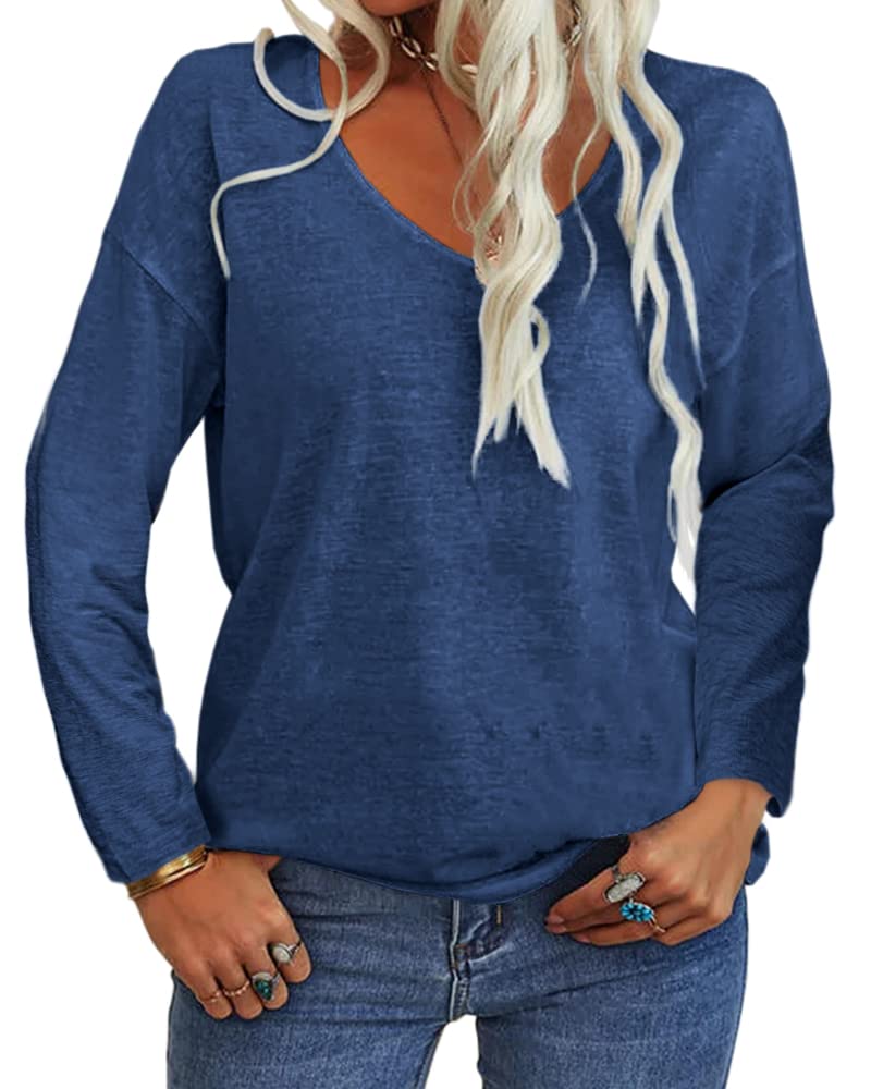 Tankaneo Women's Long Sleeve V-Neck Loose Fit Casual T-Shirt - Solid Color Basic Tunic Top for Ladies | Perfect for Work, Weekend Outfits & Layering