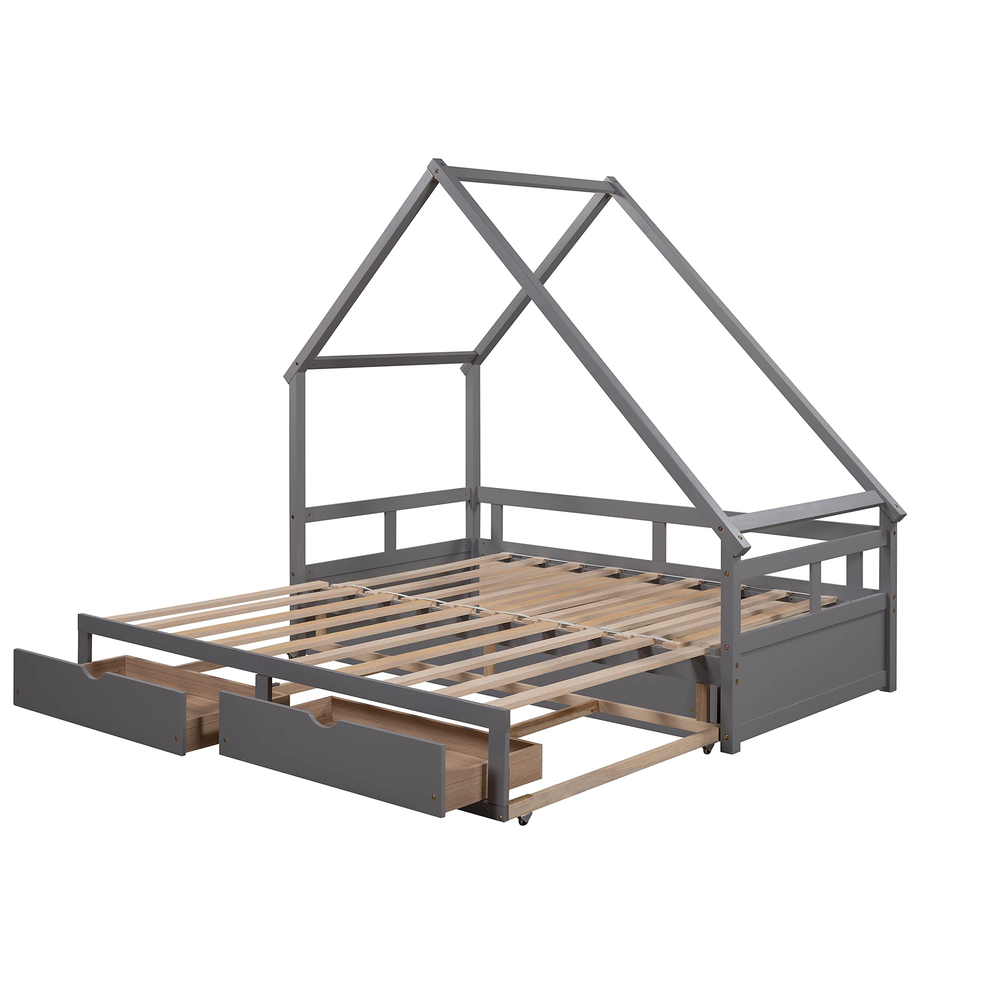 TYMMC Extendable Daybed with 2 Drawers - Twin Size Wooden House Bed for Kids & Teens - Gray Modern Children's Room & Bedroom Furniture - Perfect for Sleepovers, Reading Nook & Small Space Bedrooms