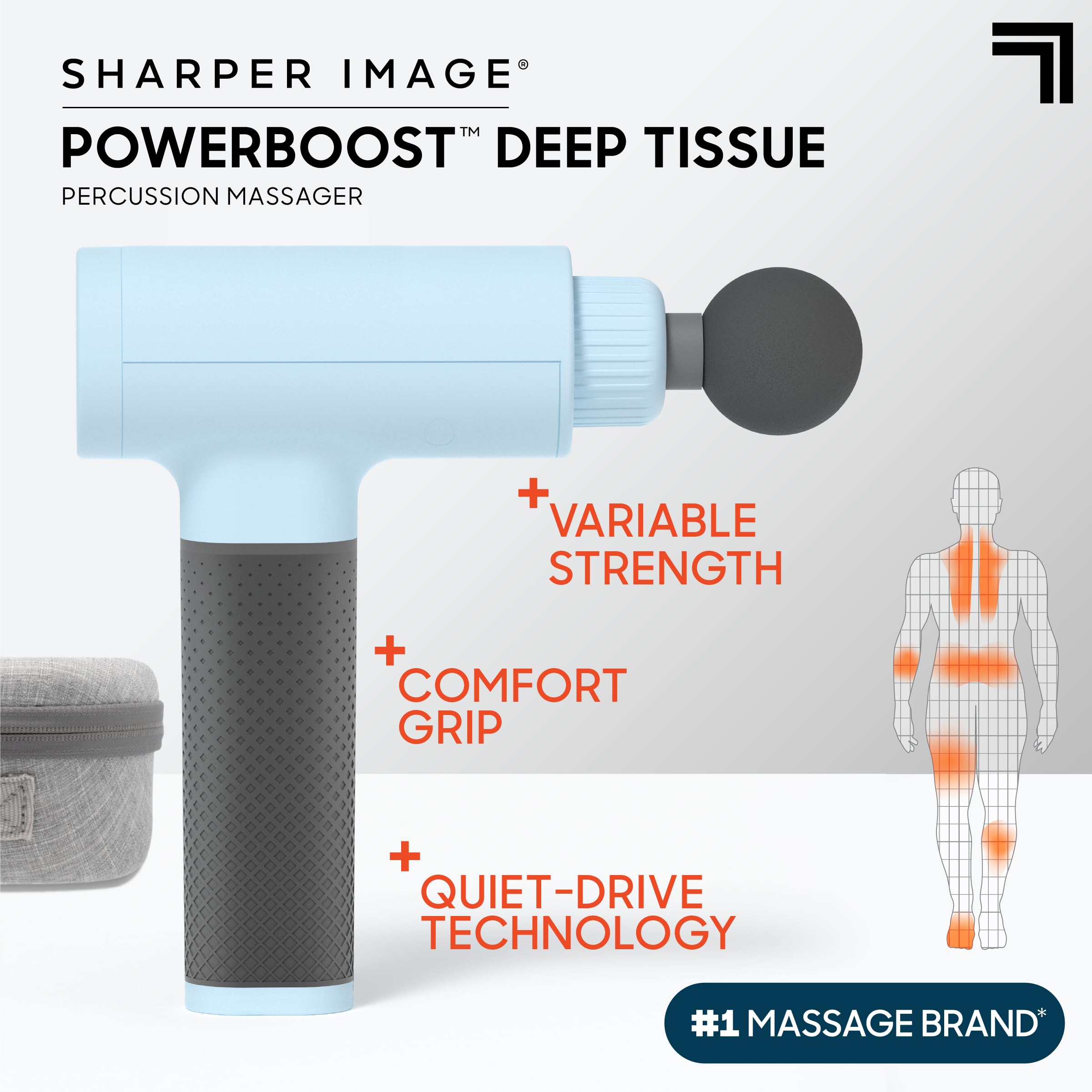 Sharper Image Powerboost Massage Gun 3.0 - Deep Tissue Percussion Massager with 5 Attachments & 6 Speed Levels, Quiet Motor for Pain Relief & Muscle Recovery | Ergonomic & Lightweight Design | Perfect for Athletes, Gym Recovery, Office Workers & Home Use - Blue